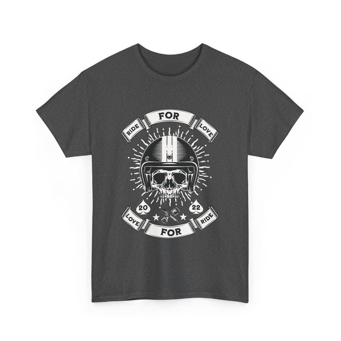 A dark heather grey Gildan 5000 unisex t-shirt with a skull rider graphic.