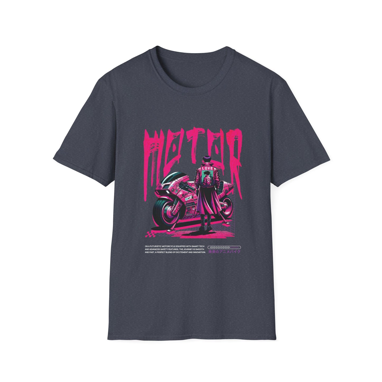 Heather navy t-shirt Motor text Japanese sport bike.