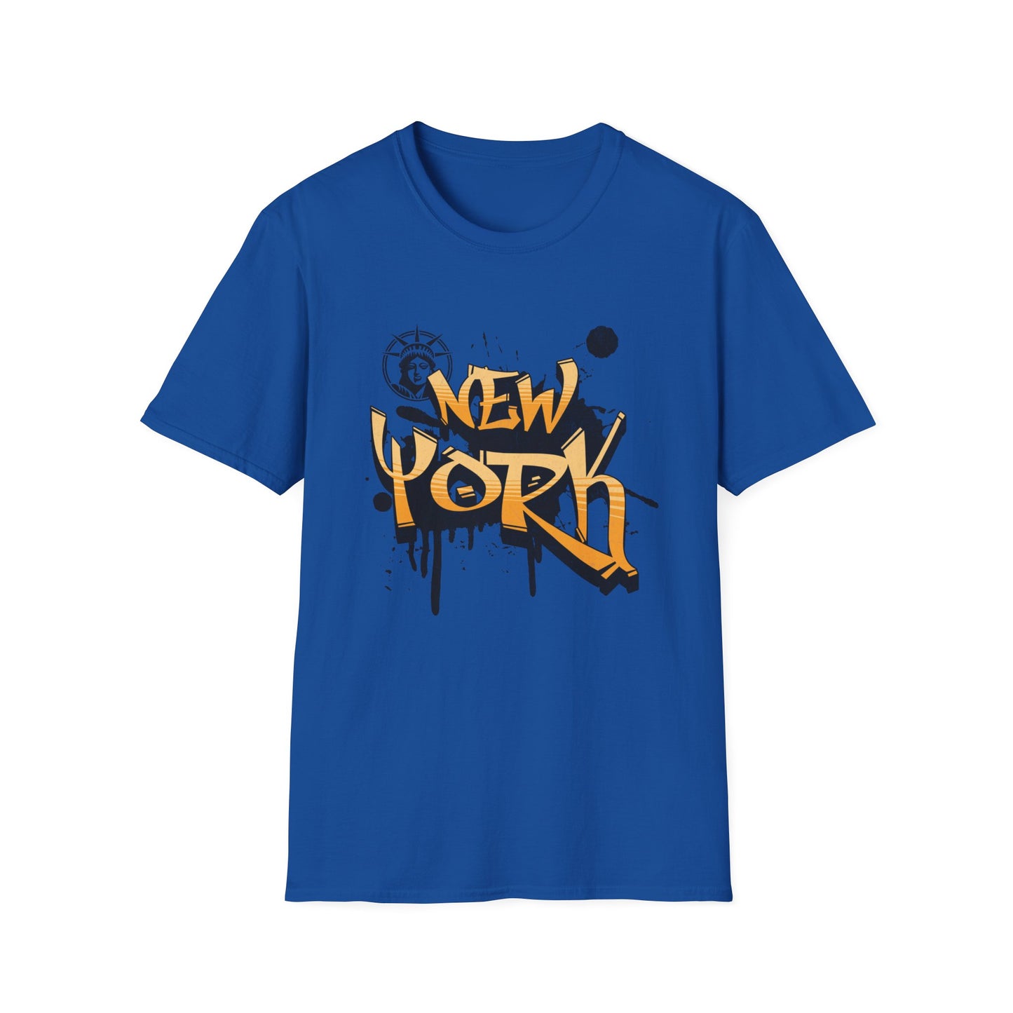 A royal blue t-shirt with the text 'NEW YORK' printed in a stylized font, accompanied by a graphic of a cityscape.