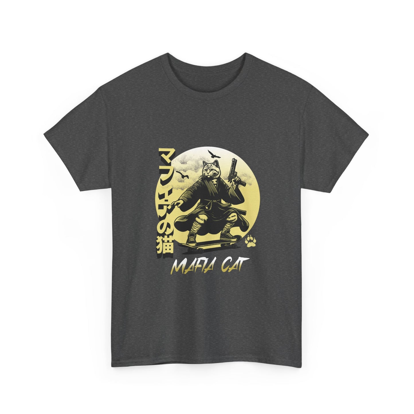 heather Gray t-shirt with a graphic design of a cat in a samurai outfit and 'Mafia Cat' text on a white background