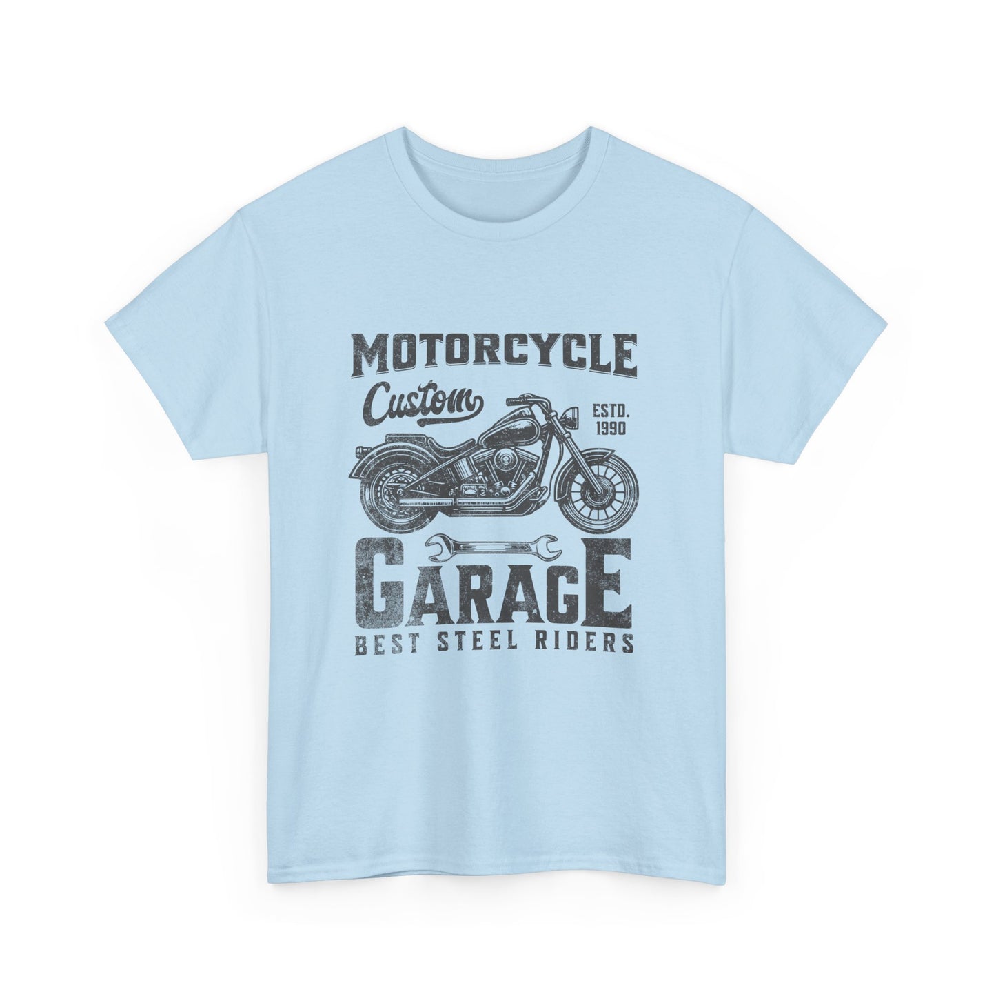 a light blue t-shirt with a motorcycle graphic that says 'Motorcycle Garage'