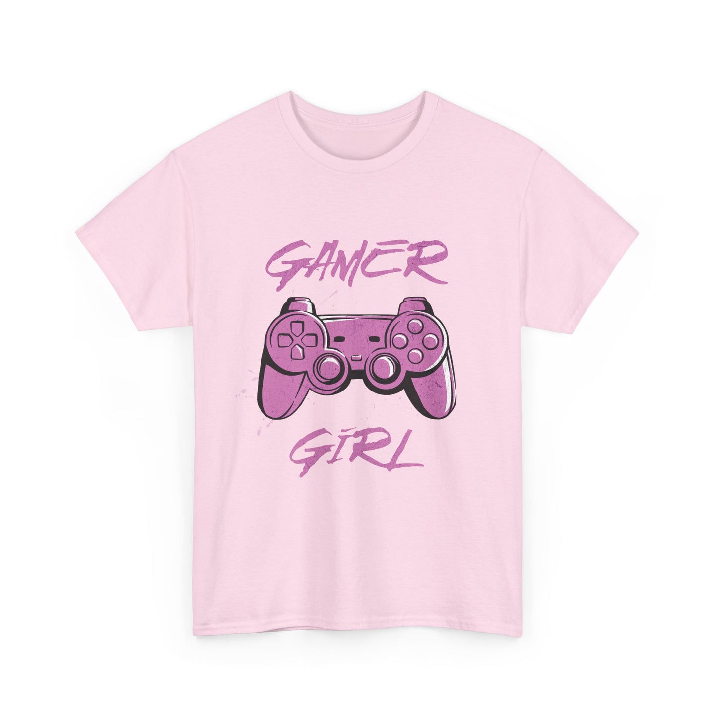 A light pink graphic t-shirt with the text 'GAMER GIRL' and an illustration of a video game controller in pink colors.