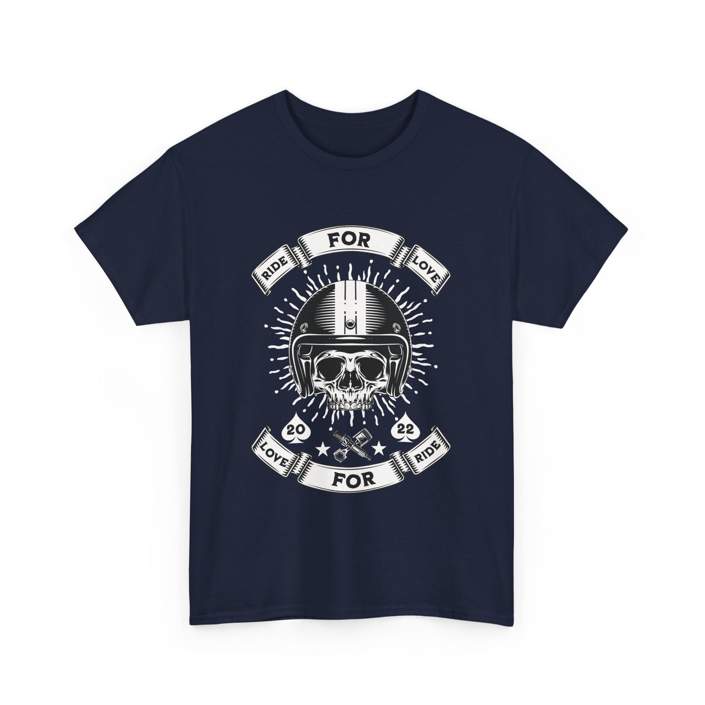 A navy blue Gildan 5000 unisex t-shirt with a skull rider graphic.