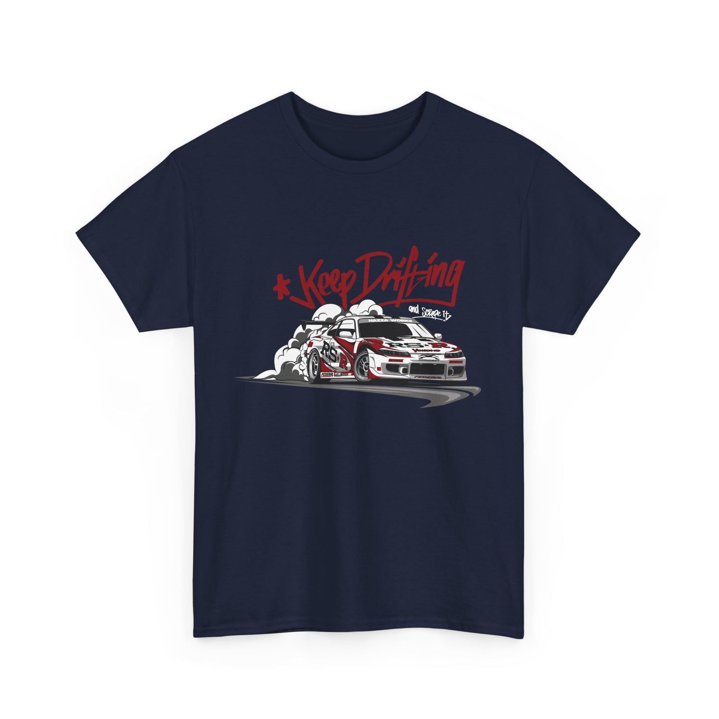 A navy blue t-shirt with a graphic print of car drifting and the text 'Keep Drifting' in red and white.