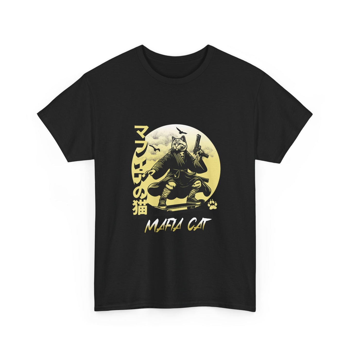 Black t-shirt with a gold graphic design featuring a cat in a martial arts pose on a white background.
