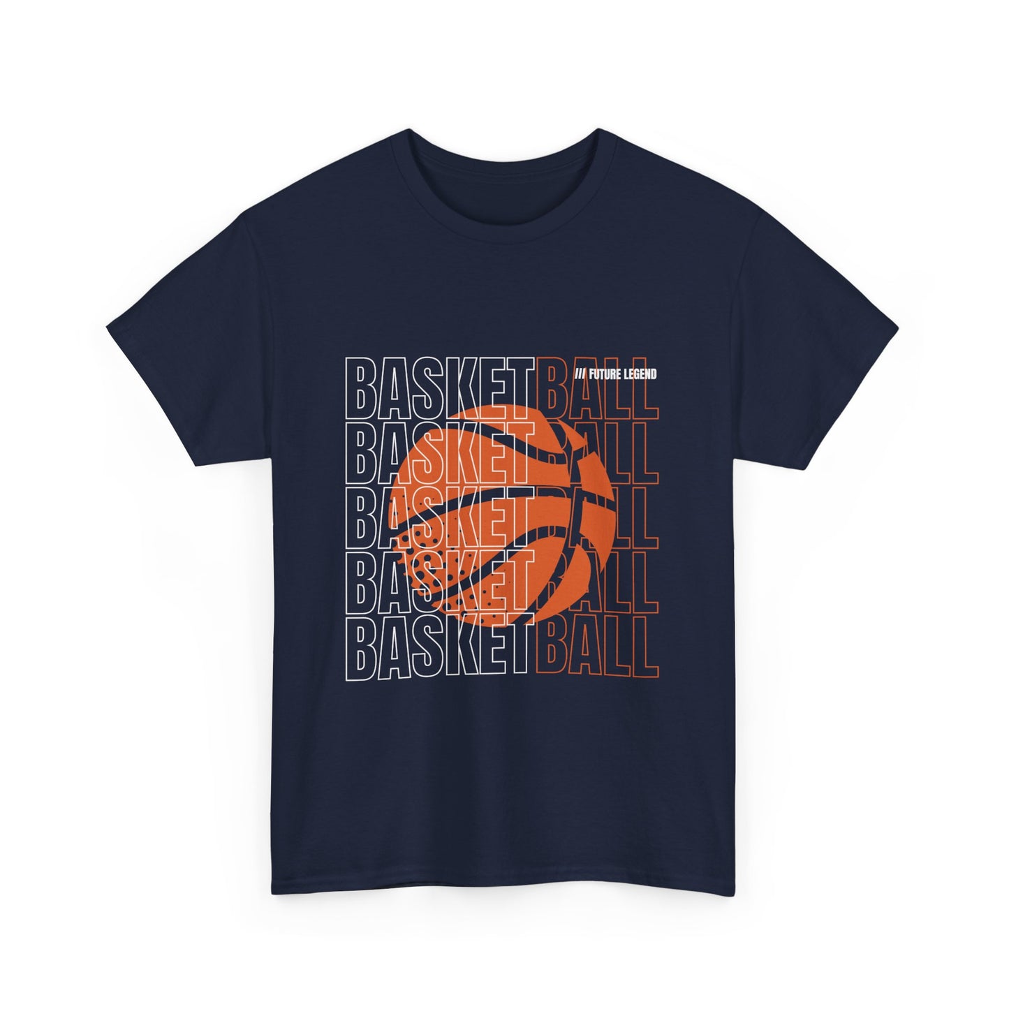 A navy blue Gildan 5000 basketball t-shirt with a graphic print of a basketball and the word 'BASKETBALL' on the front.