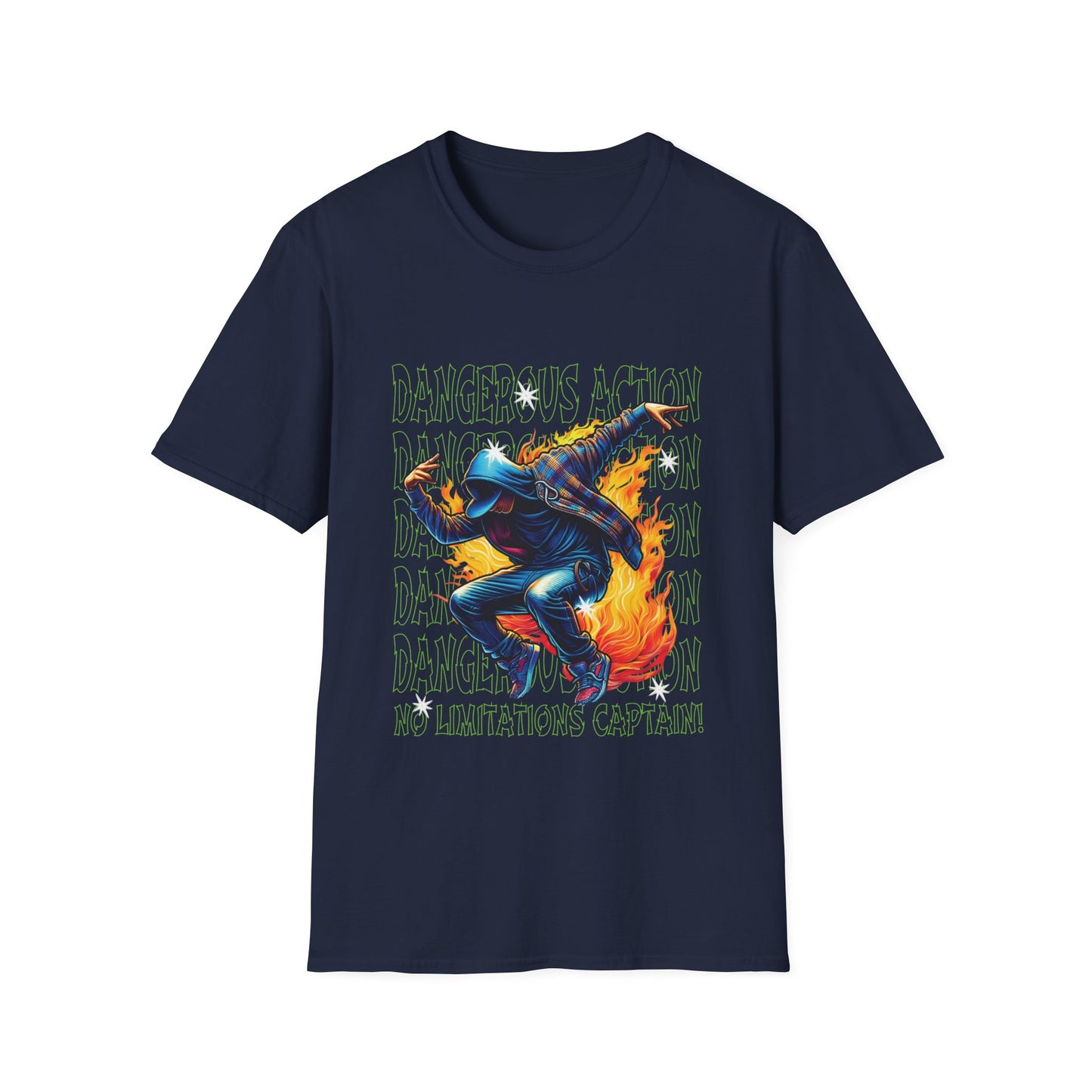 Men's navy blue graphic t-shirt with a printed design featuring a stylized character and text related to hip hop music.