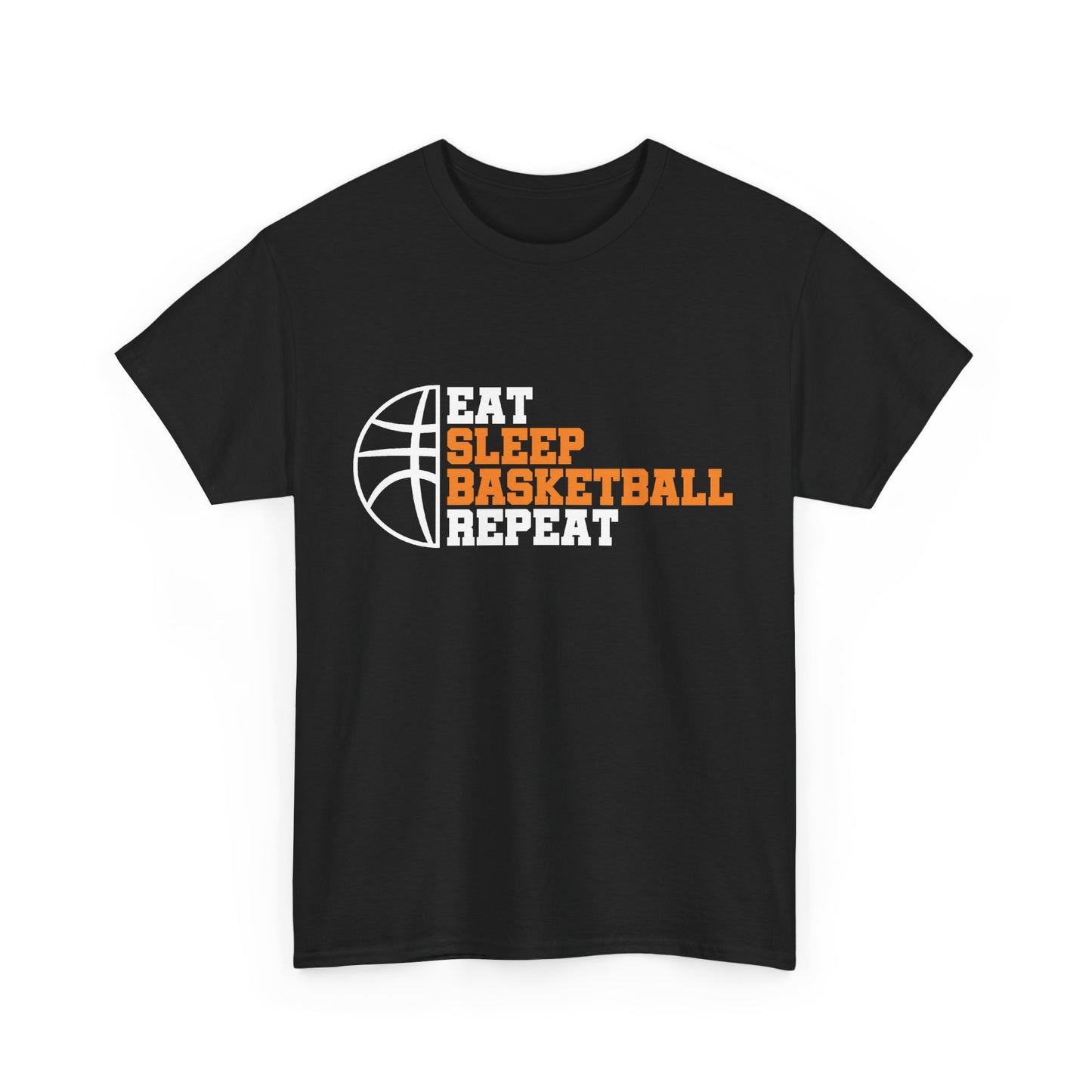 a black t-shirt with 'Eat Sleep Basketball Repeat' text .