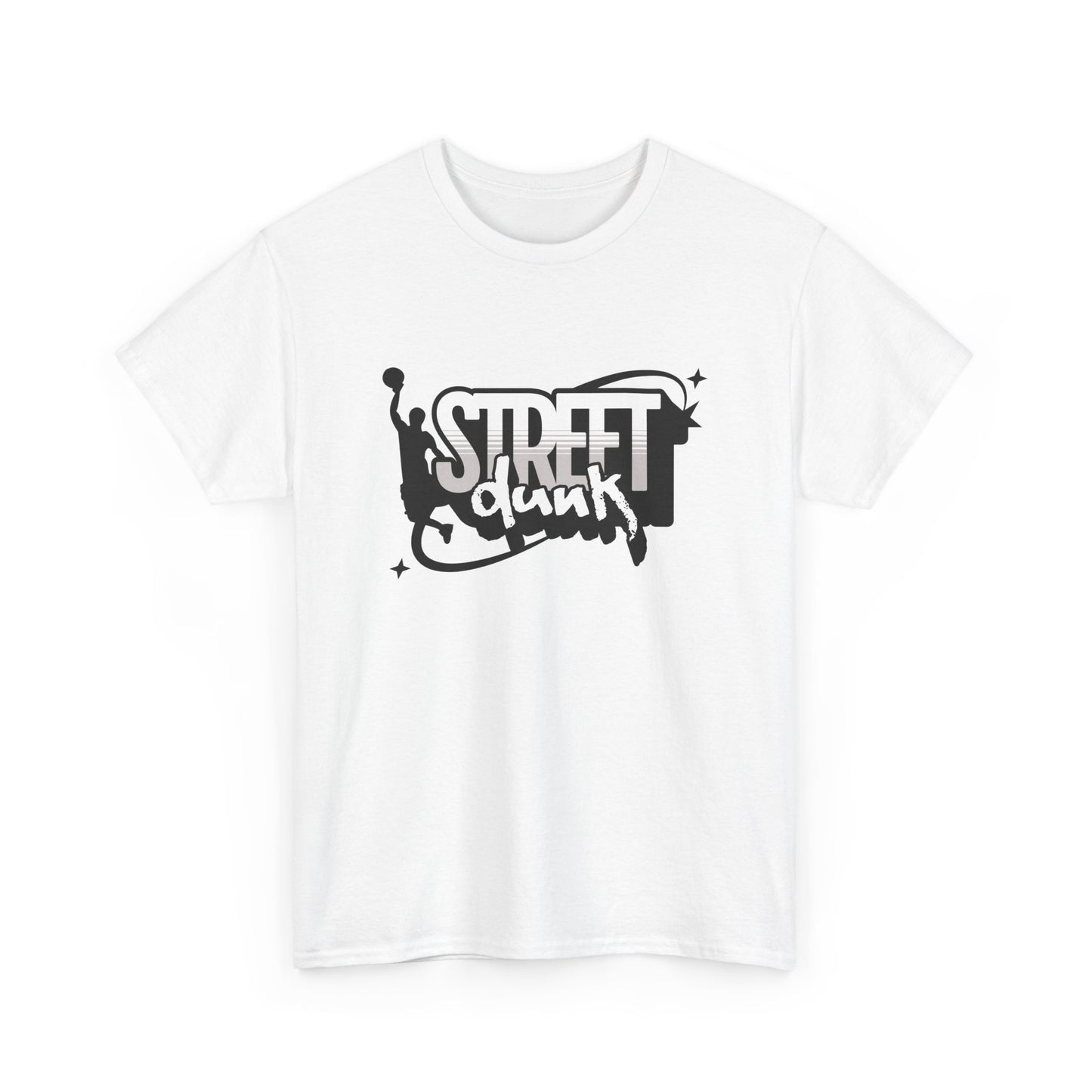 A white crew neck t-shirt with 'Street Dunk' text in black on the front and basketball player graphic.