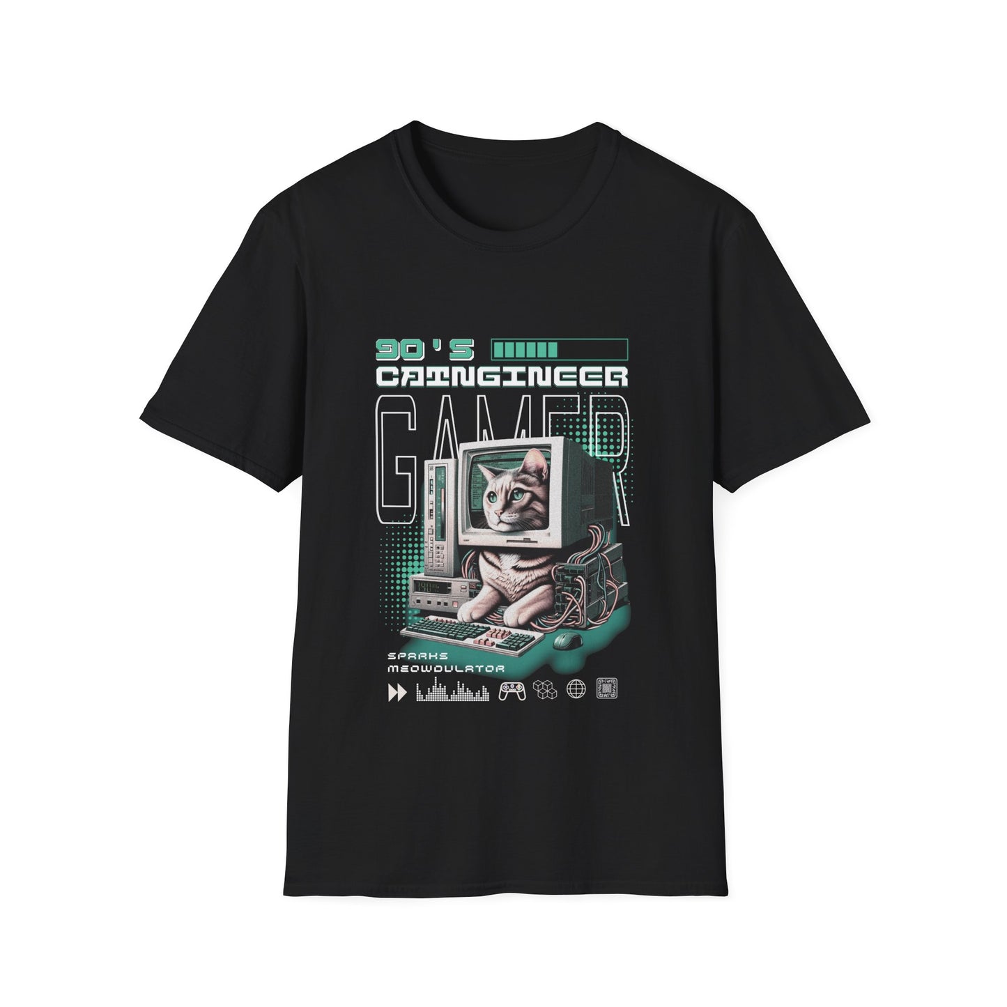 Black t-shirt with a graphic design of a cat on a computer screen, text '90's Cat Engineer Gamer', and various gaming icons.