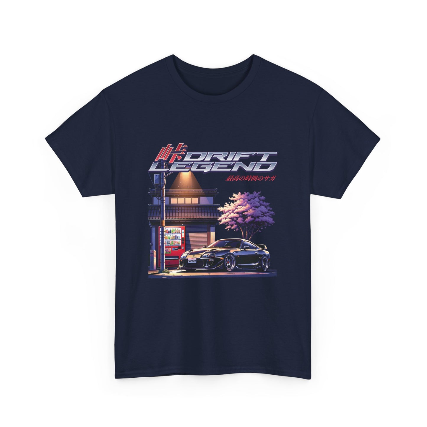 A navy blue t-shirt with a graphic print of a racecar on a street corner under a tree, with the text 'DRIFT LEGEND' .