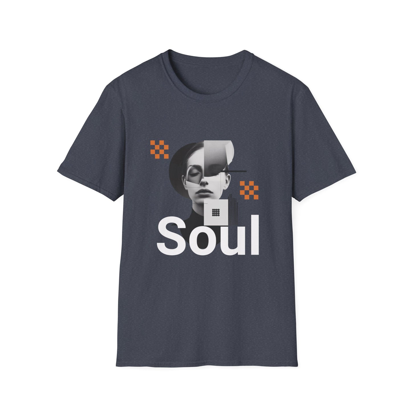 A heather navy graphic t-shirt depicting a collage and text that reads SOUL.