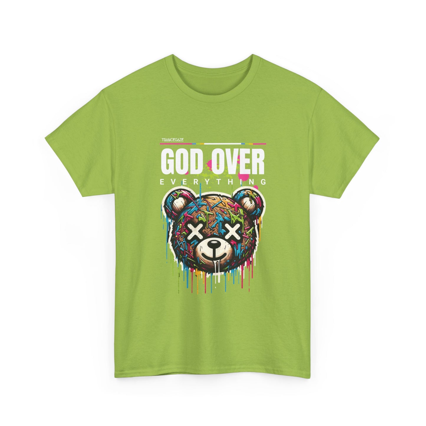 A lime green t-shirt with a colorful graphic of a bear and the text 'GOD OVER EVERYTHING' on the front.