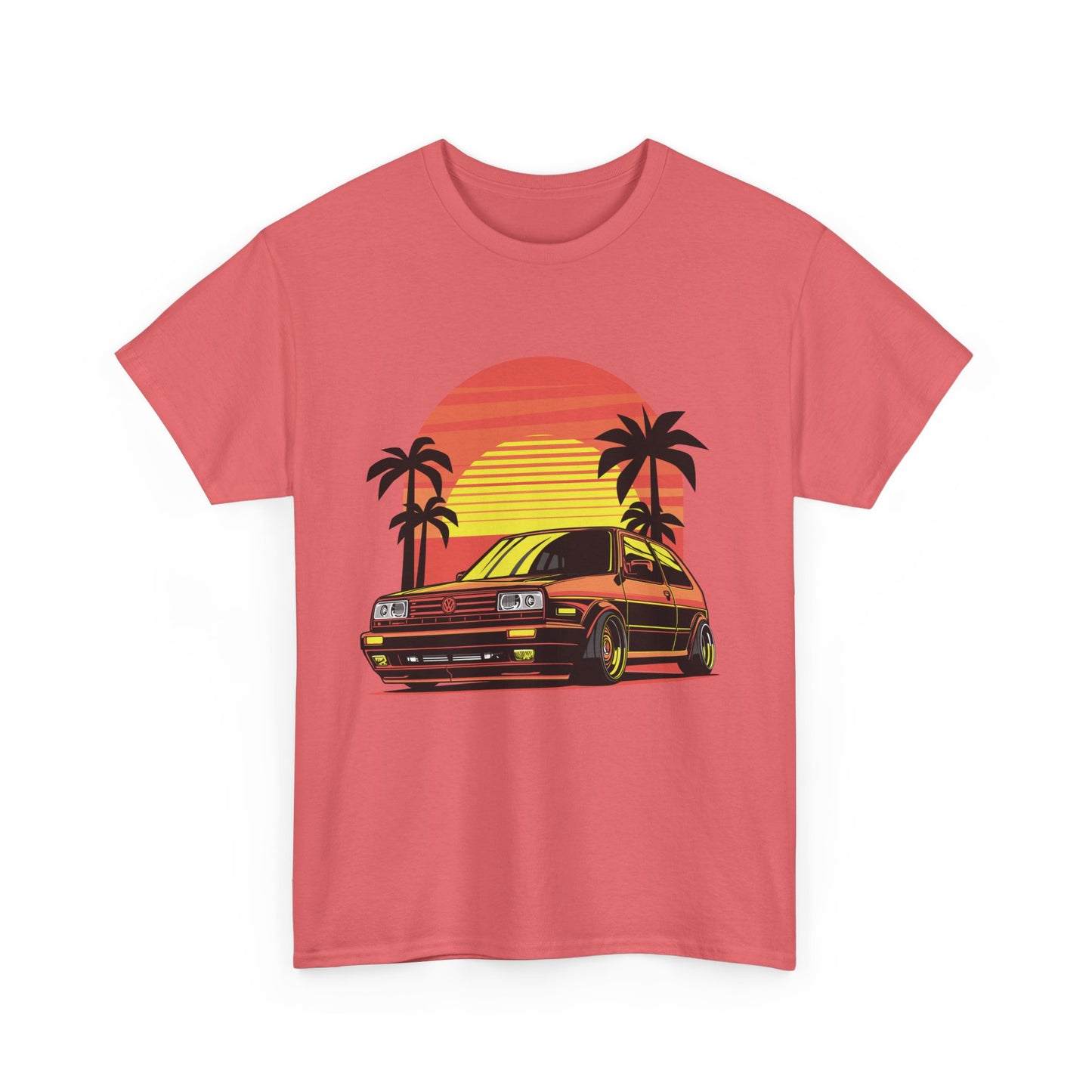 A coral t-shirt with a graphic print of a classic car drifting under a sunset sky.