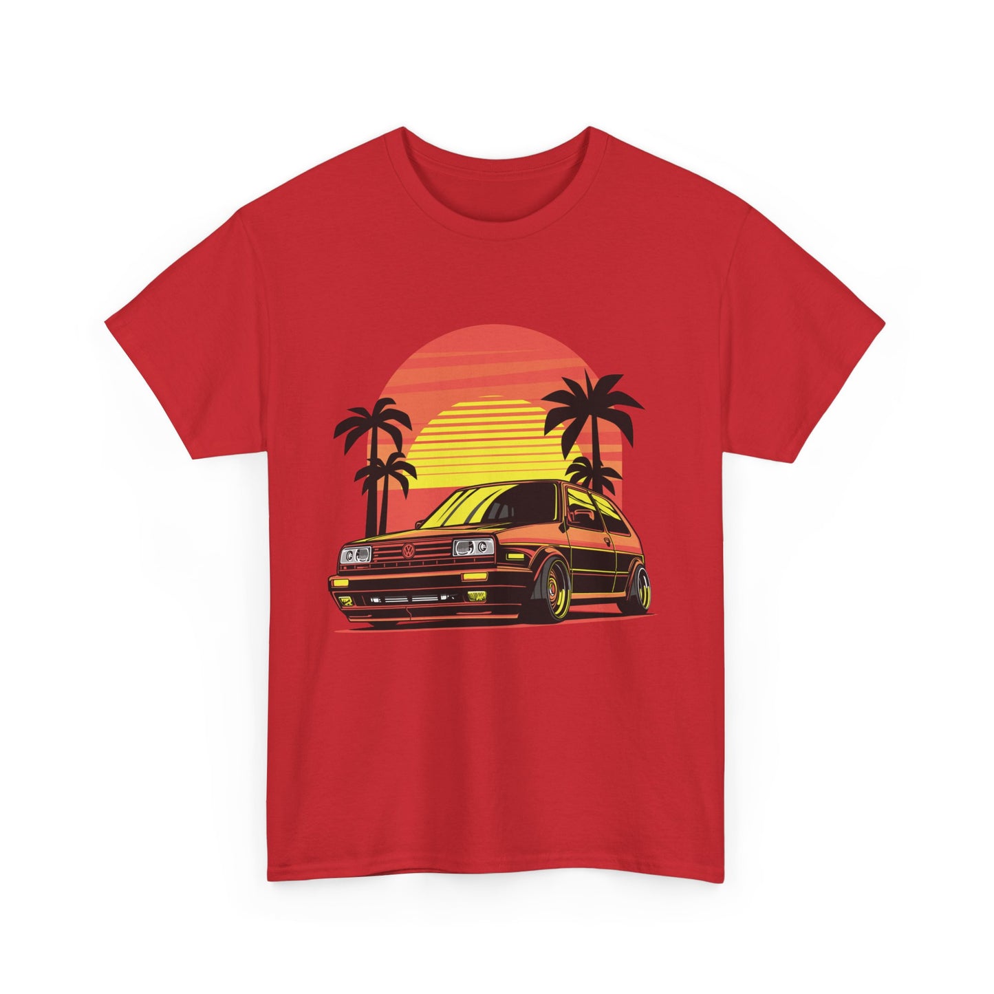 A red t-shirt with a graphic print of a classic car drifting under a sunset sky.
