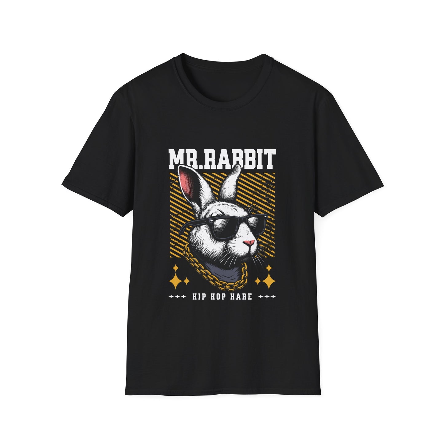 Hip hop rabbit graphic on a black t-shirt.