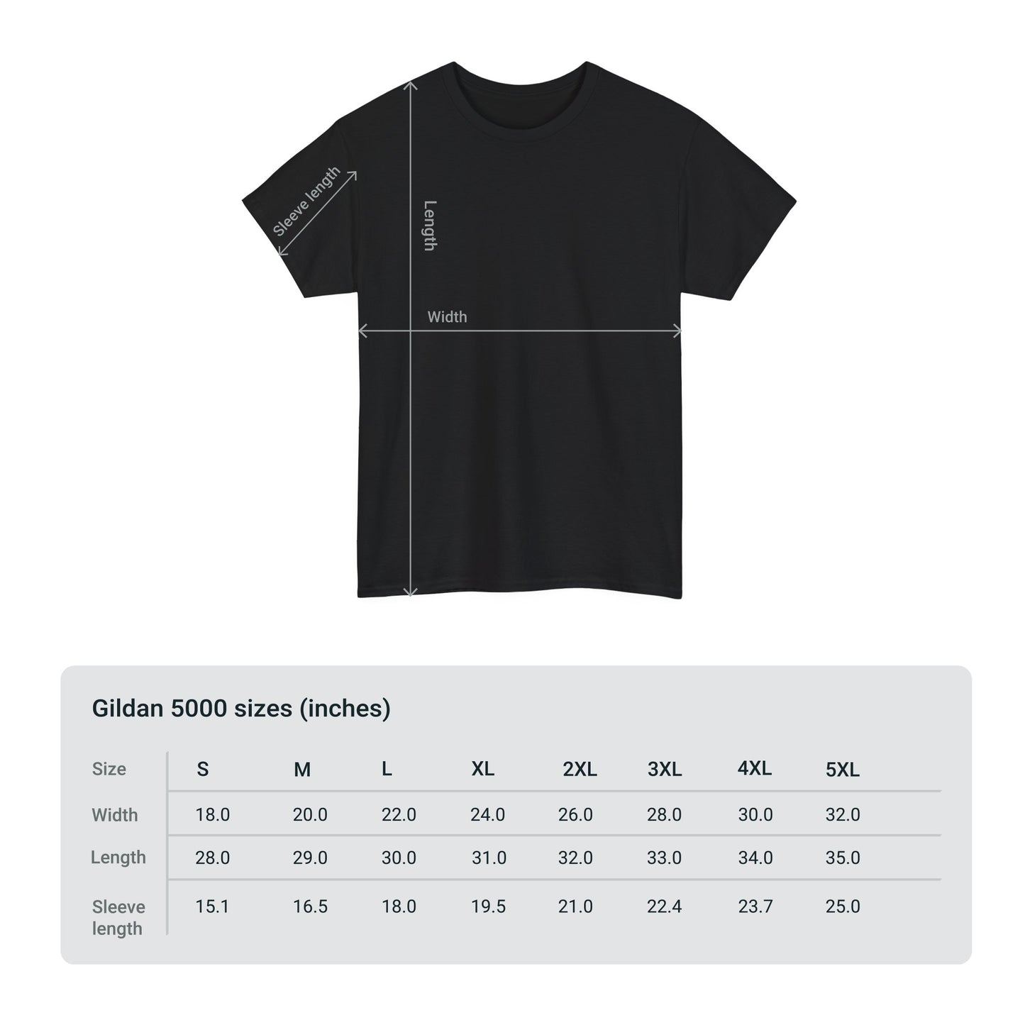 Black t-shirt with measurement lines and Gildan 5000 size chart on a white background
