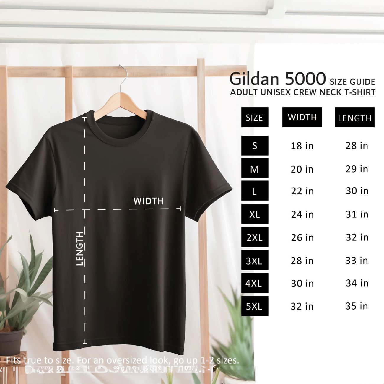 Size chart for Gildan 5000