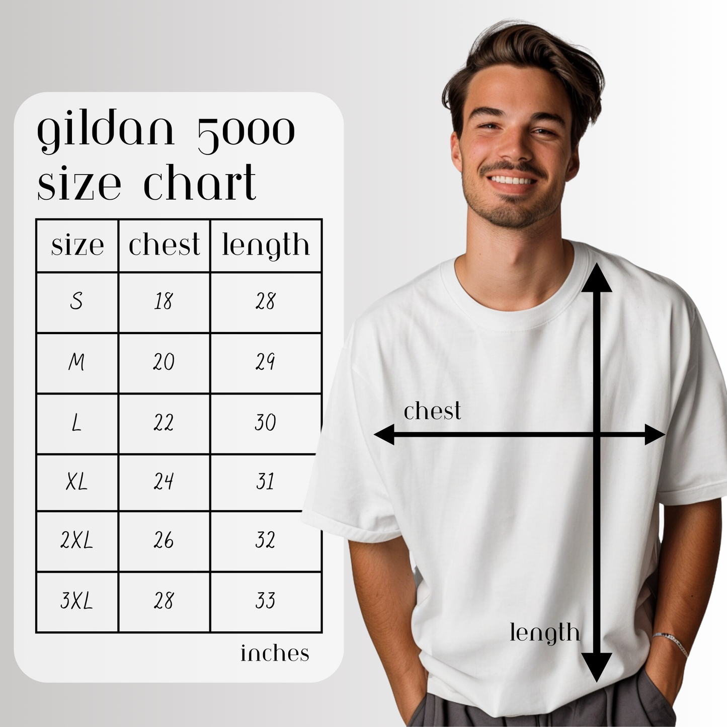 Man wearing a white t-shirt with a Gildan size chart on a gray background