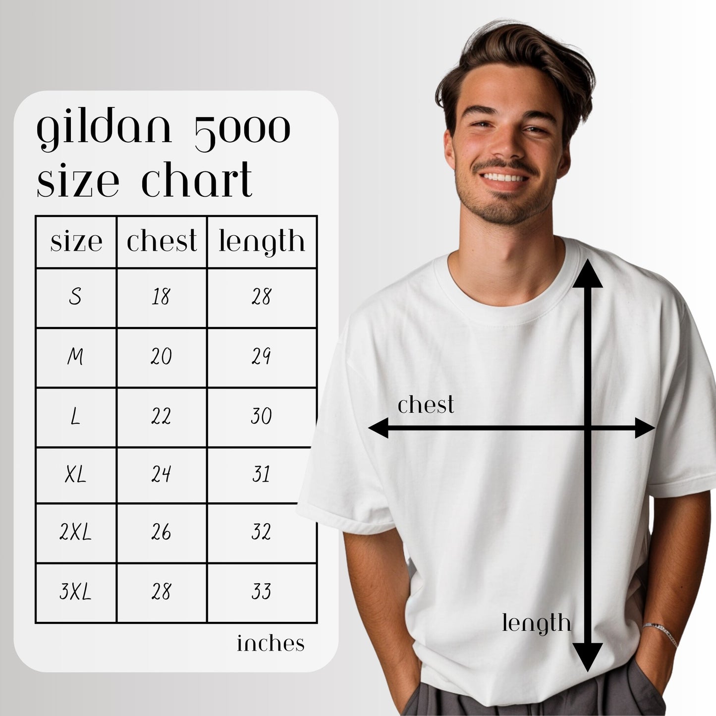 Man wearing a white t-shirt with a Gildan 5000 size chart on a gray background