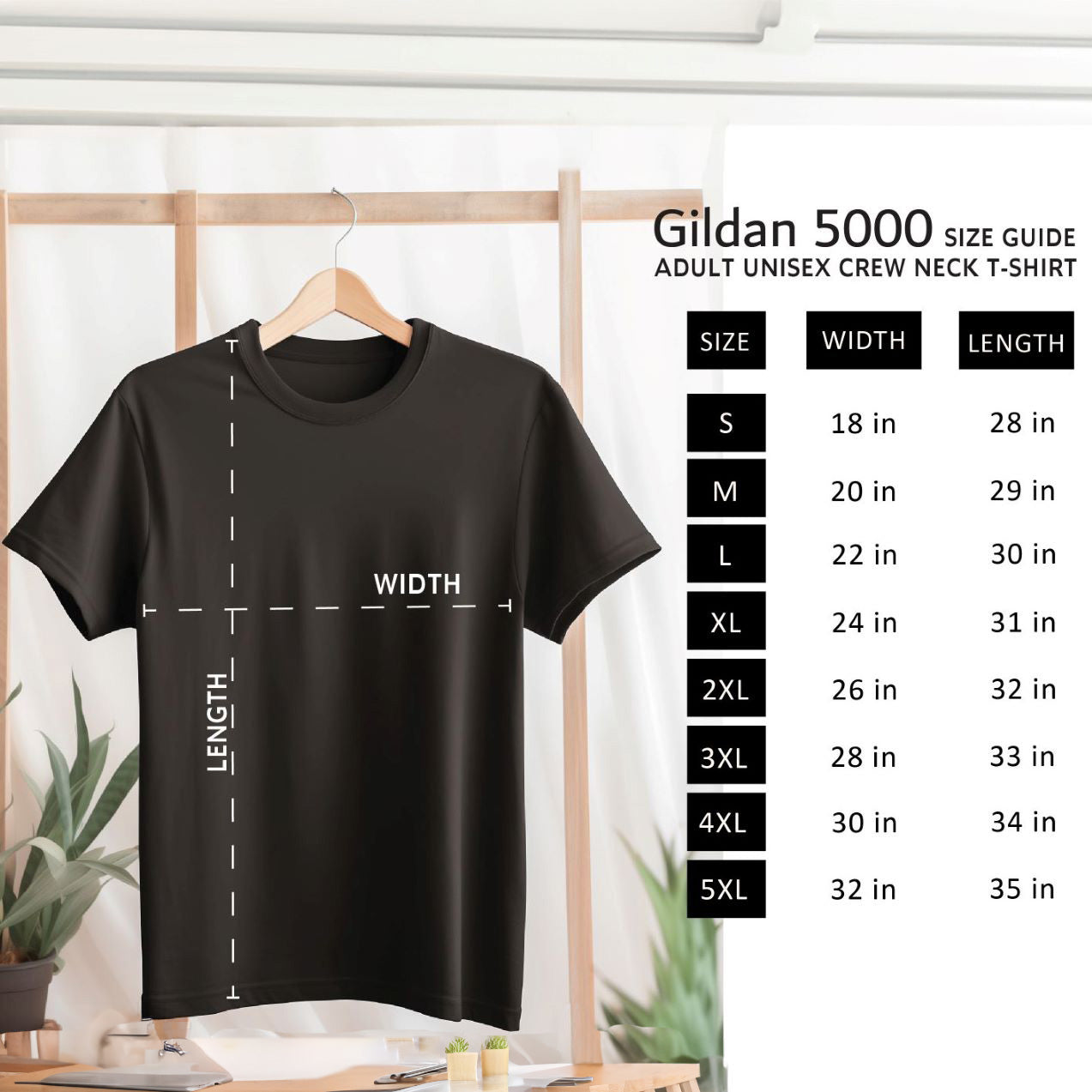 Black t-shirt with measurement lines and Gildan 5000 size chart on a white background