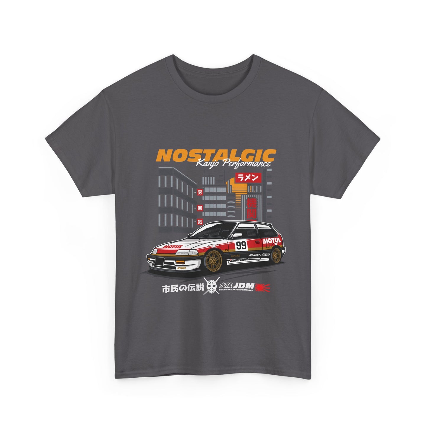 A gray t-shirt with a print of a red and white classic Honda Civic drift car and text related to Japanese street racing.