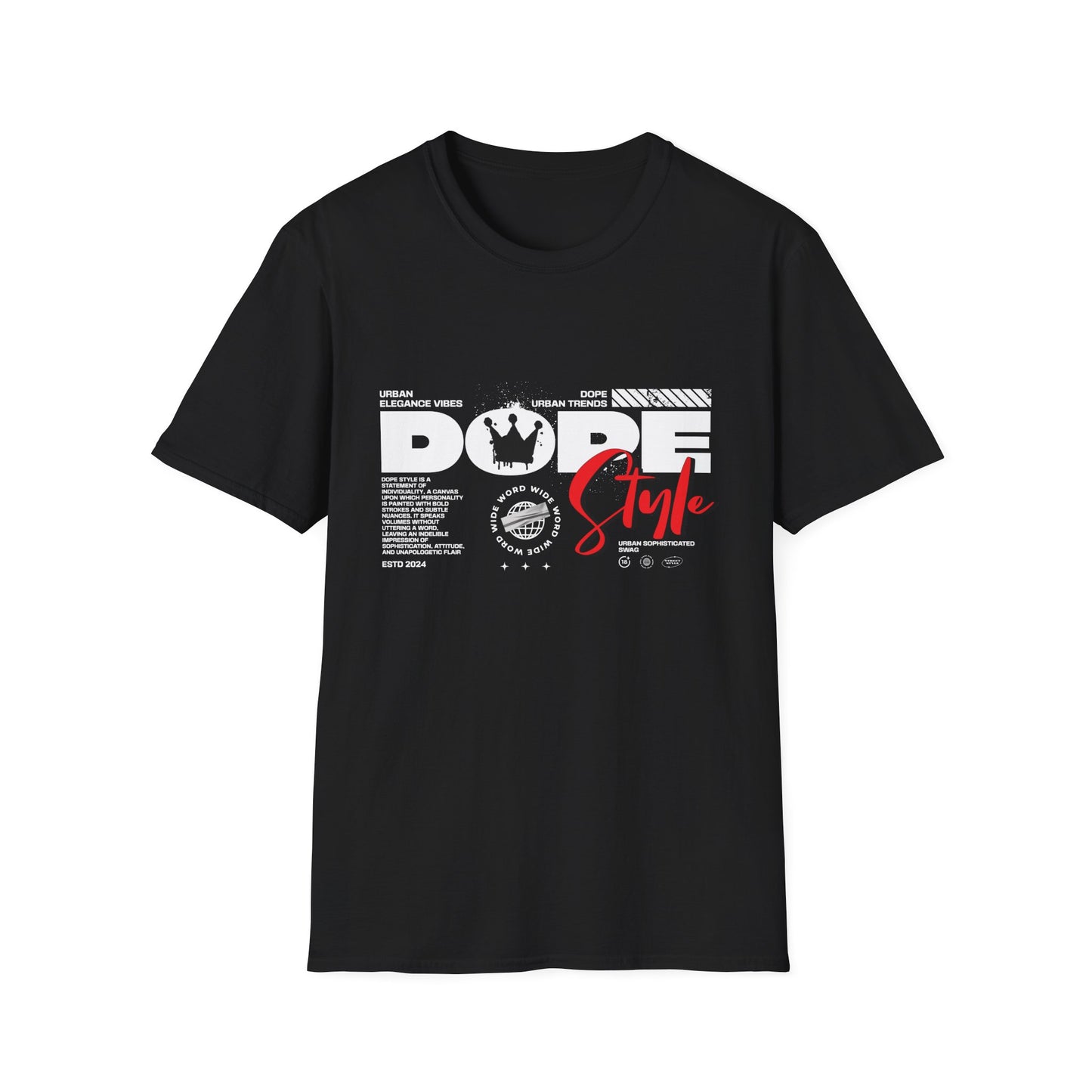A black men's graphic t-shirt with 'Dope Style' text and a crown emblem design.