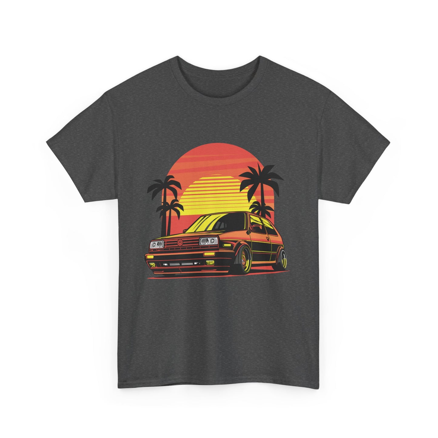 A gray t-shirt with a graphic print of a classic car drifting under a sunset sky, featuring palm trees.