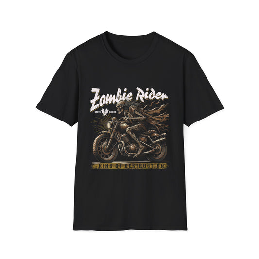 A black t-shirt with a skull rider on a motorcycle with 'Zombie Rider' text.