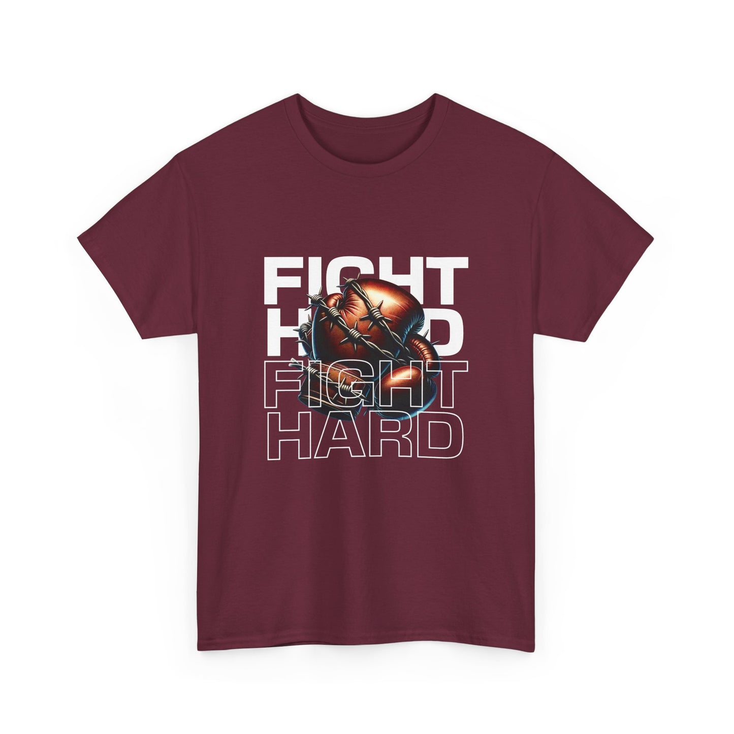 A maroon Gildan cotton t-shirt with the text 'Fight Hard' and a graphic of a boxing glove and heart.