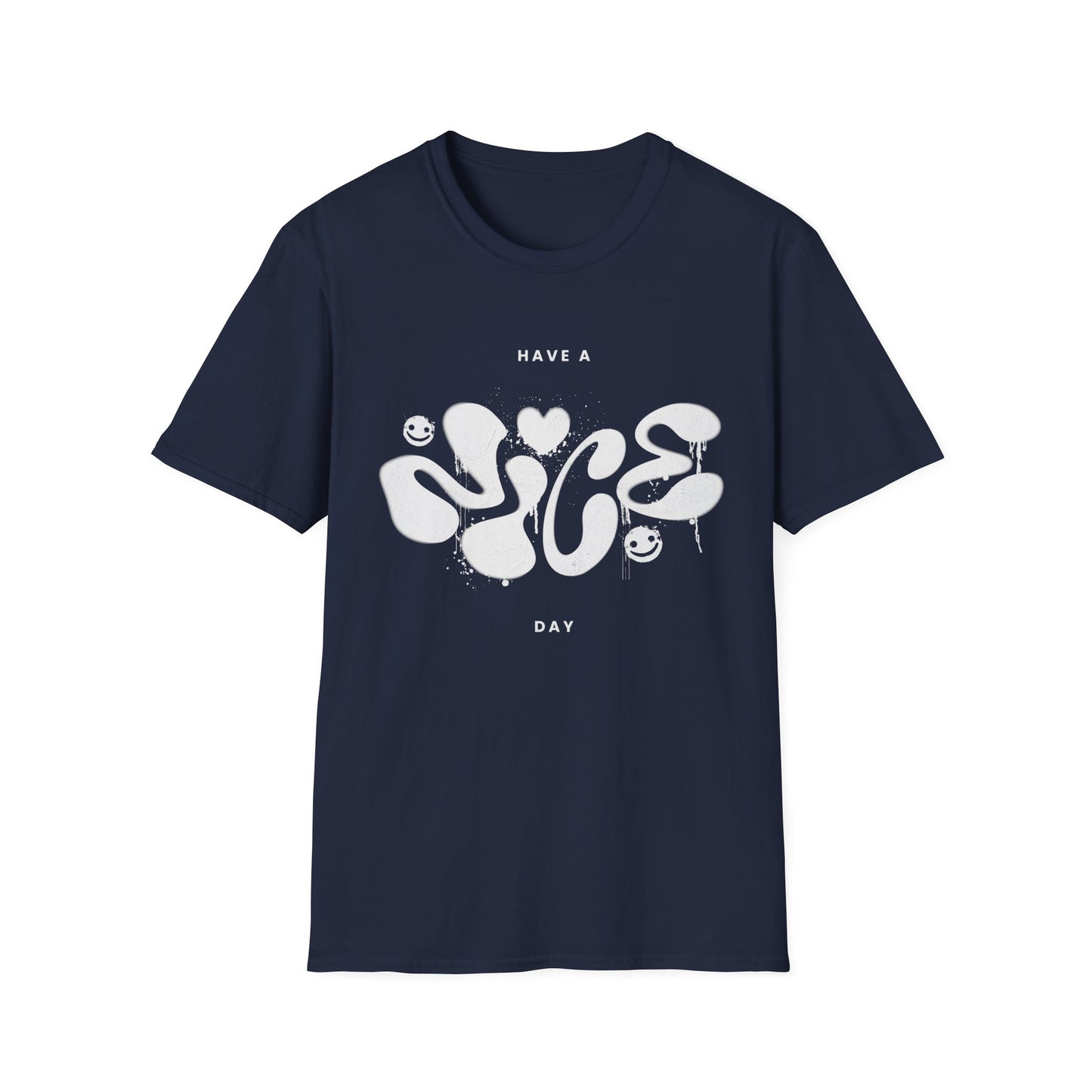 Navy t shirt with "Nice" spray painted on a white background.