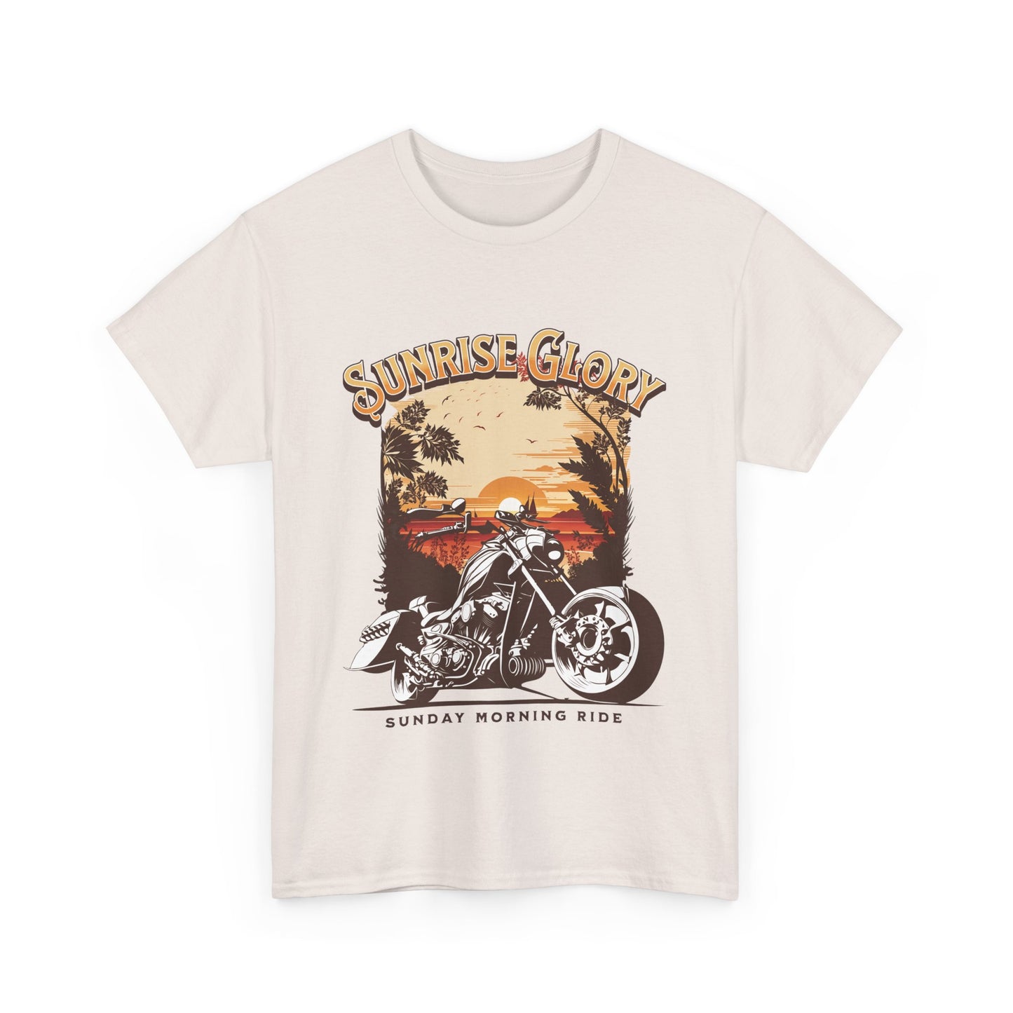 An ice grey t-shirt with a motorcycle graphic and 'Sunrise Glory' text.