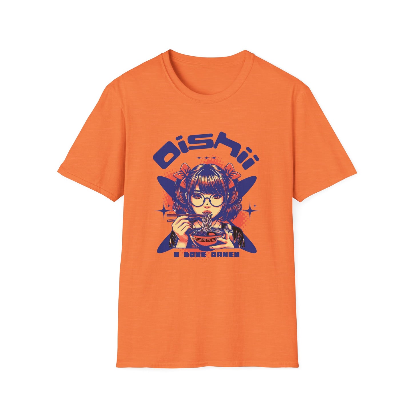 Orange t-shirt with a graphic design of a person eating and the word 'Oishii' on a white background