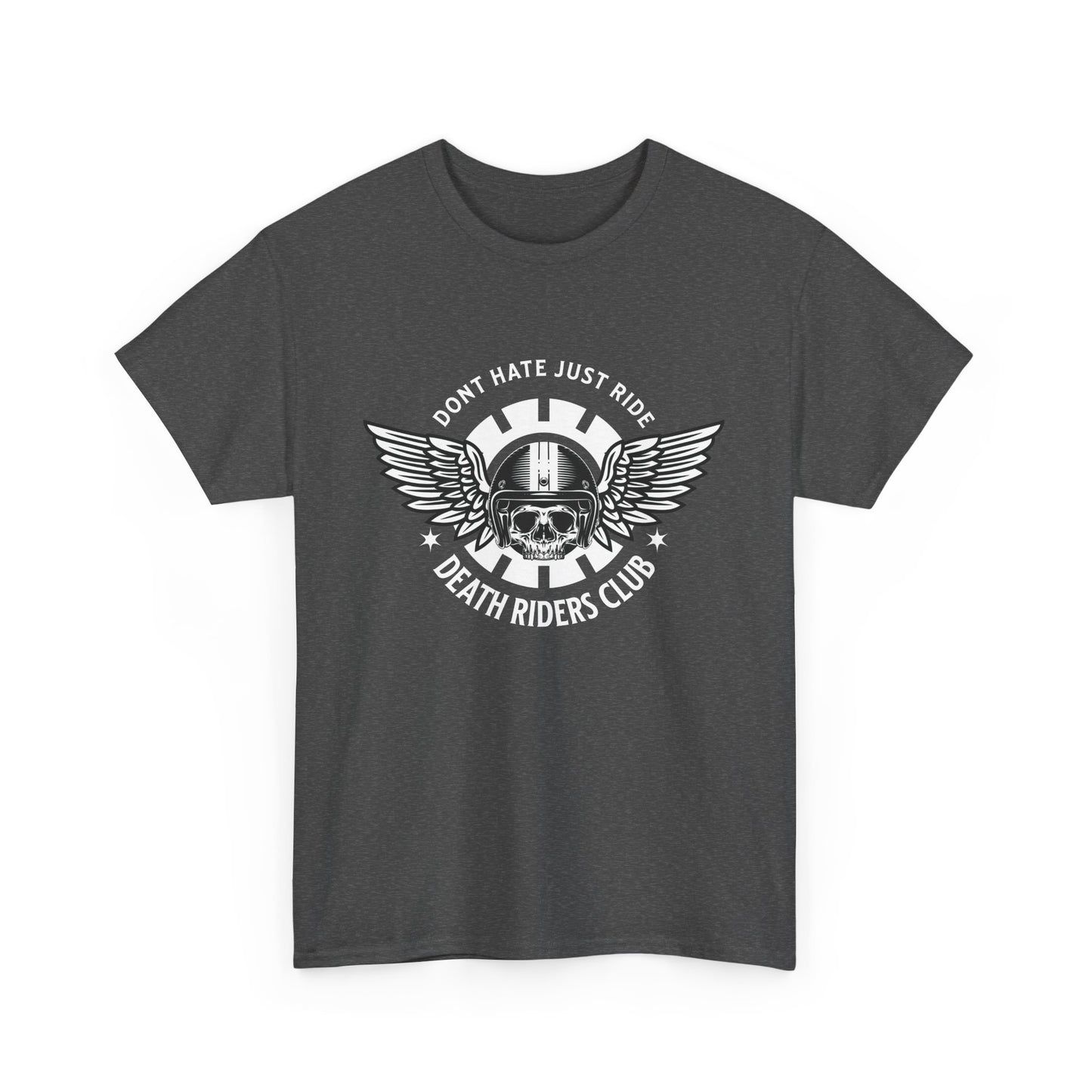 A heather grey t-shirt with a skull with wings logo, and the text 'Death Riders Club' printed on the front.
