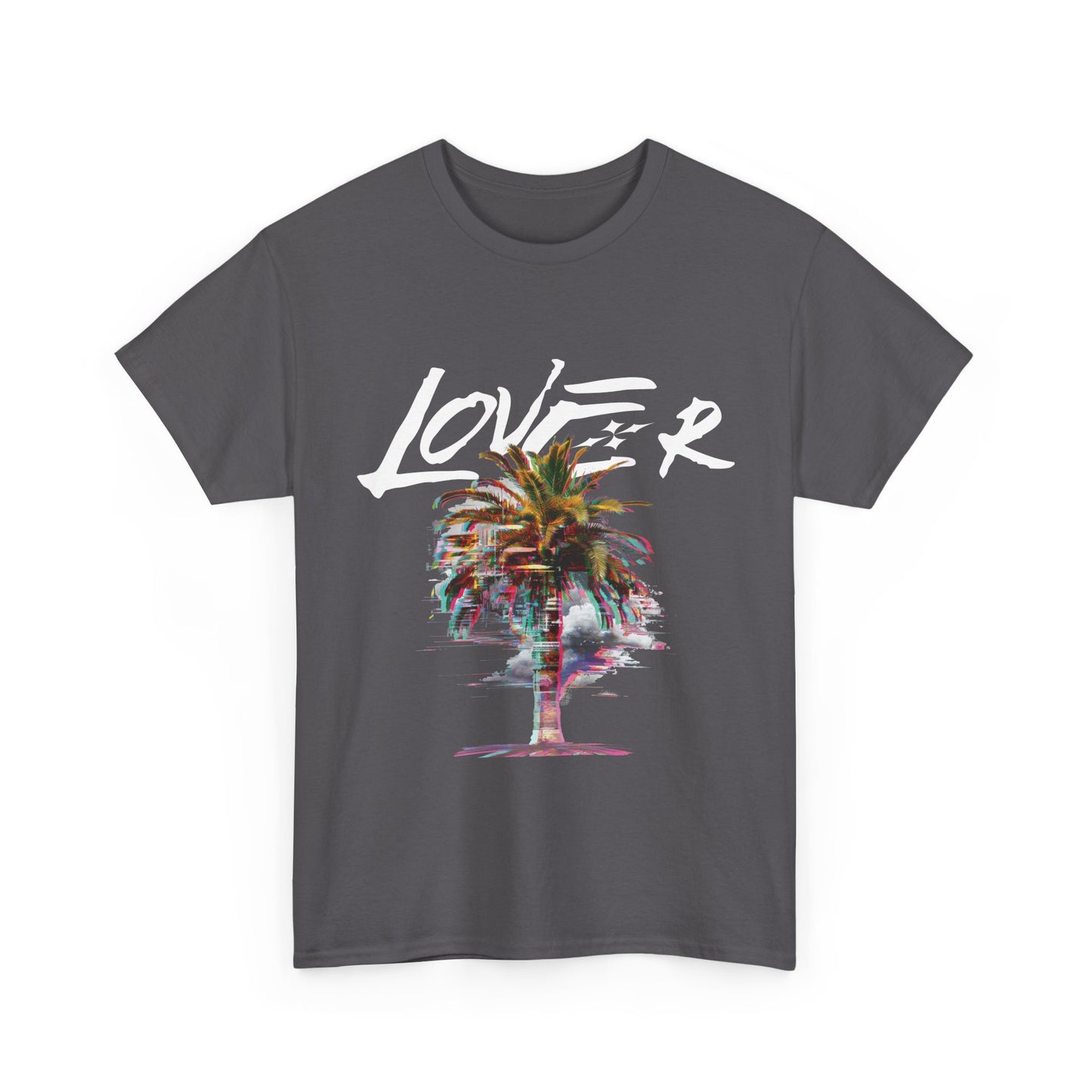 A gray t-shirt with a glitch palm tree design and the word 'lover' printed on the front.