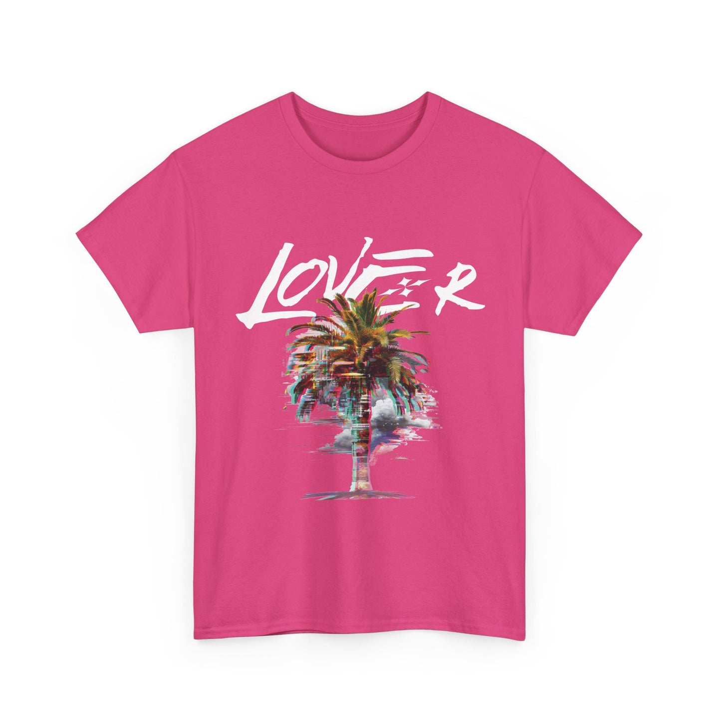 A pink t-shirt with a glitch palm tree design and the word 'lover' printed on the front.