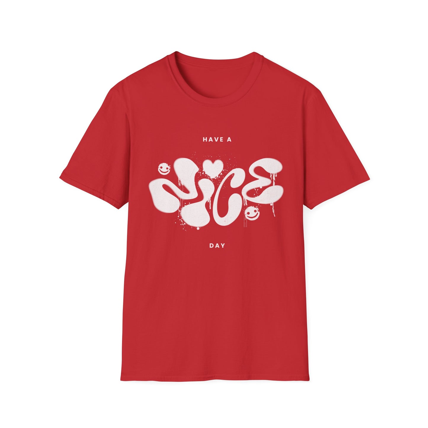 Red t shirt with "Nice" spray painted on a white background.