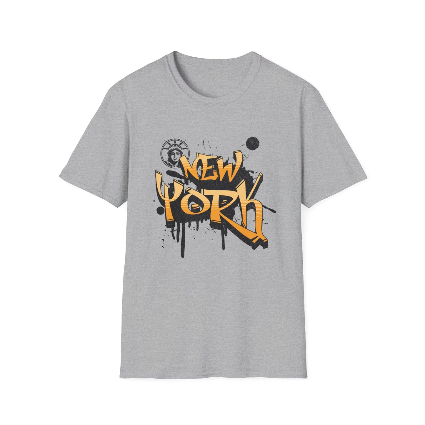 A light heather gray t-shirt with the text 'NEW YORK' printed in a stylized font, accompanied by a graphic of a cityscape.