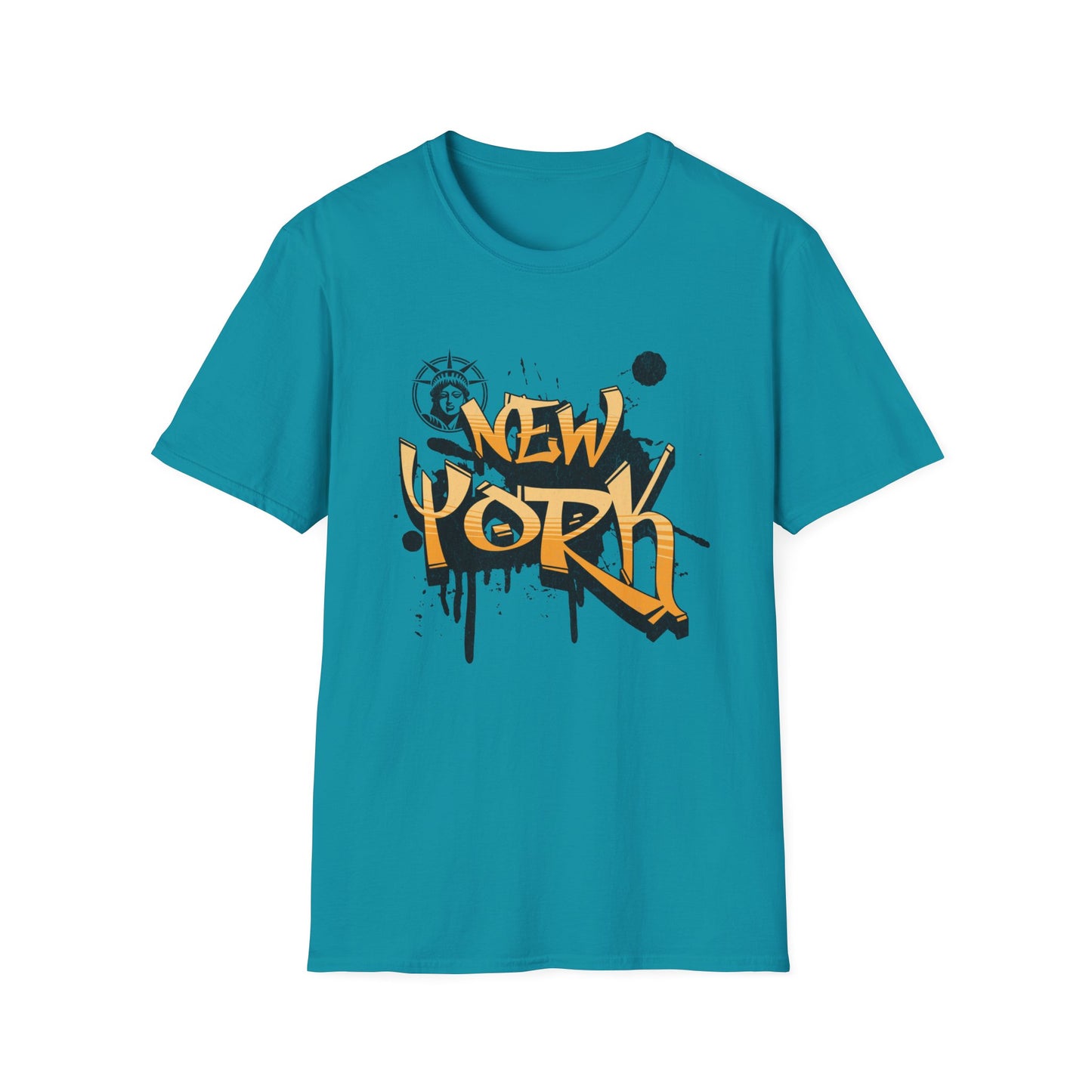 A turquois t-shirt with the text 'NEW YORK' printed in a stylized font resembling graffiti.
