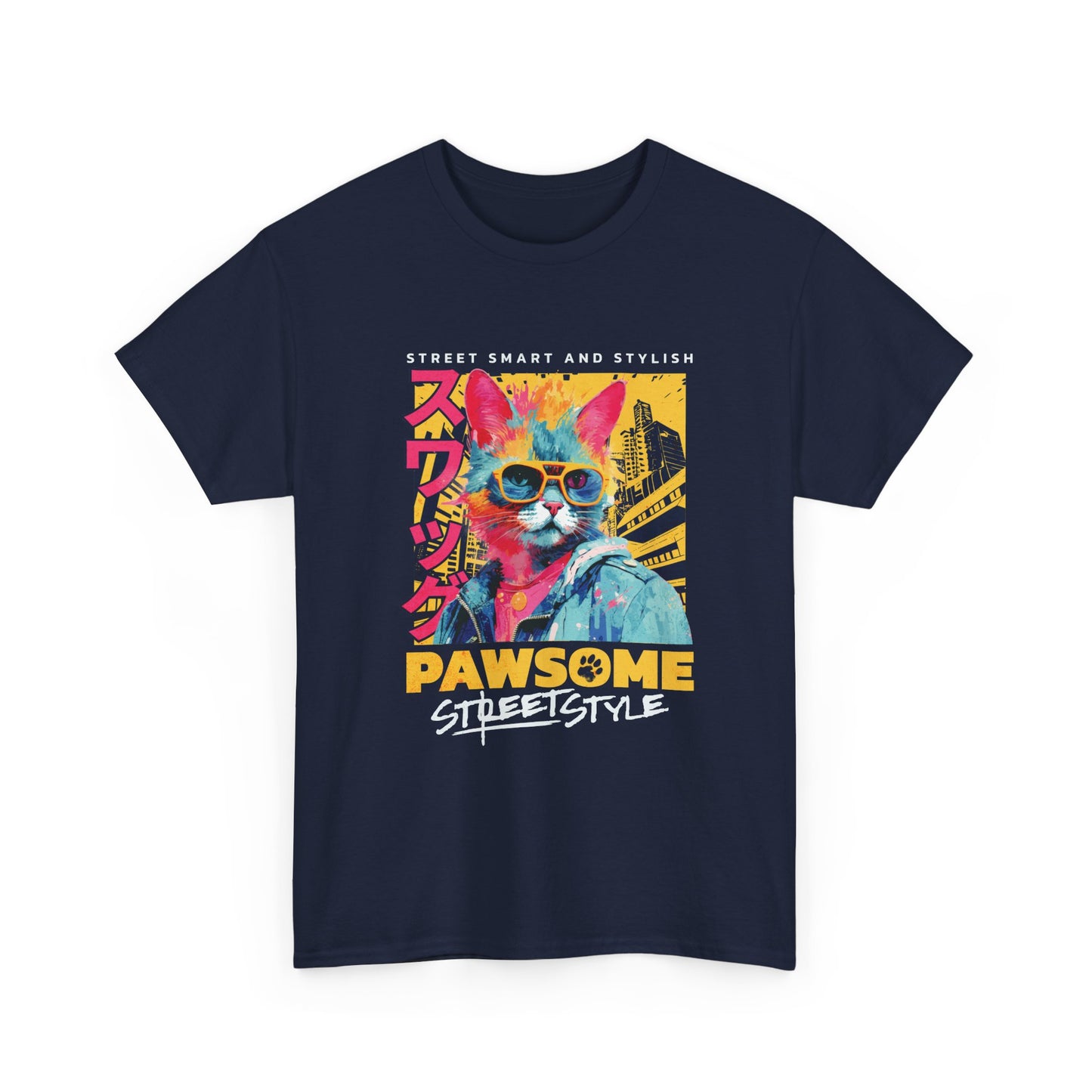Navy blue t-shirt with a colorful graphic of a cat wearing sunglasses and text on a white background