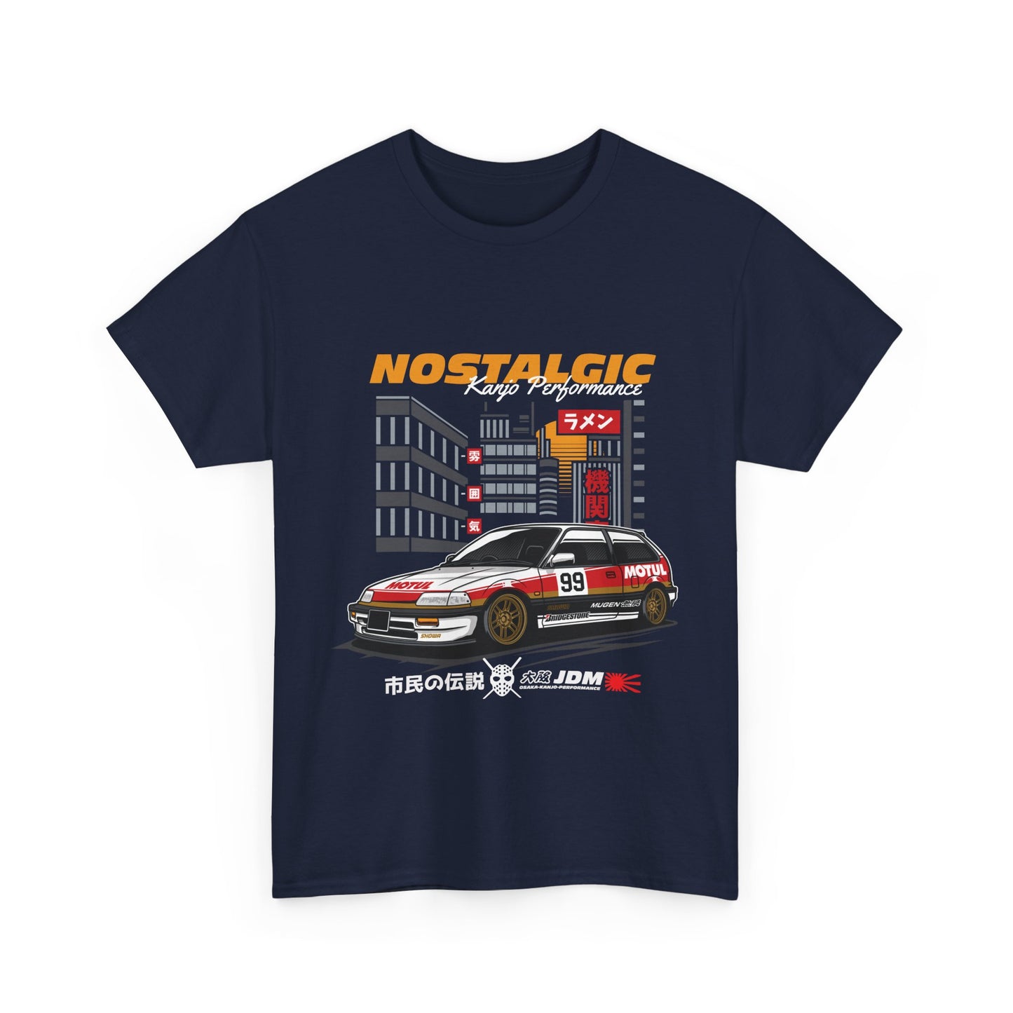 A navy blue t-shirt with a graphic print of a classic Honda Civic drift car in a stylized design, featuring Japanese text and brand logos.