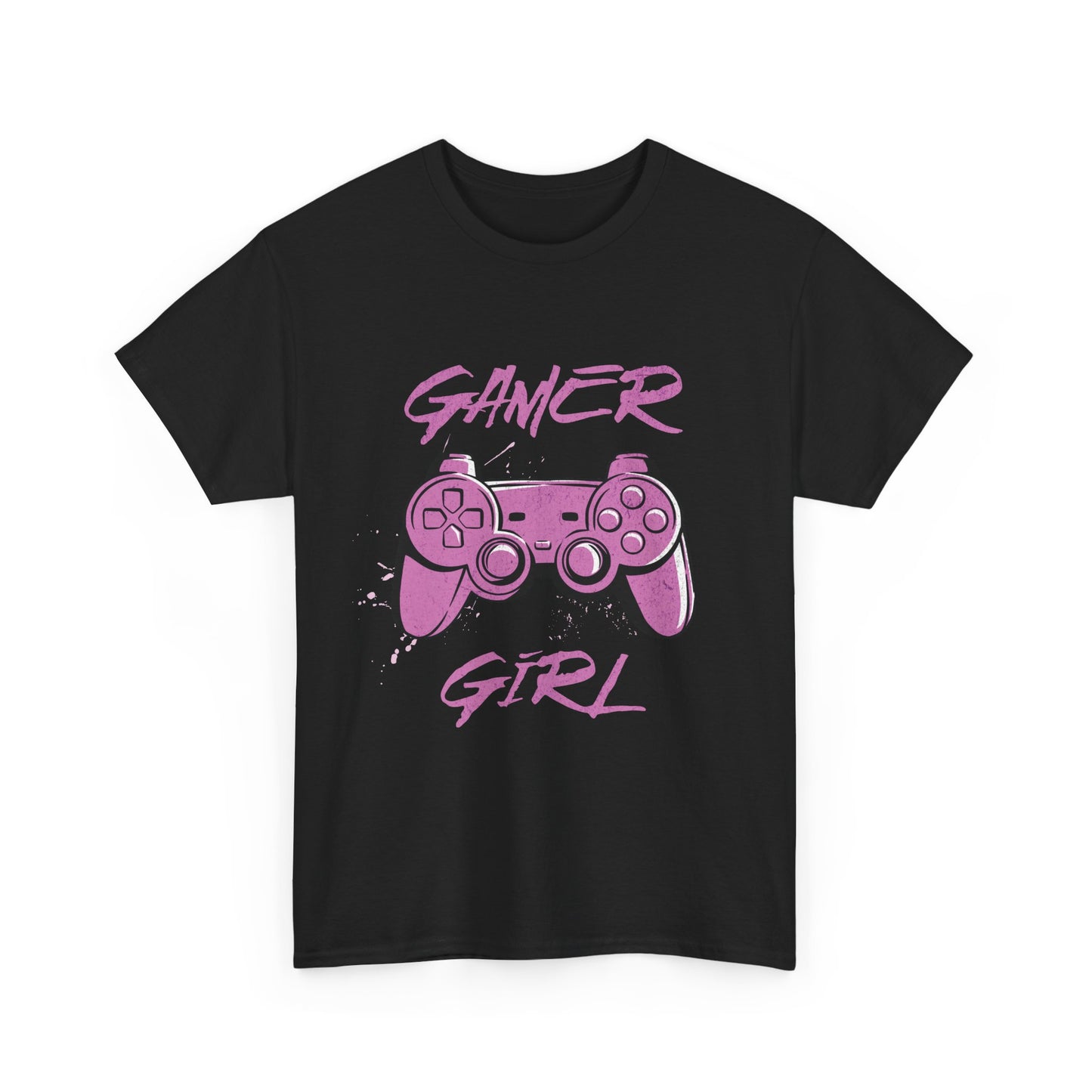 Black t-shirt with the text 'GAMER GIRL' and a graphic of a video game controller in pink on the front.