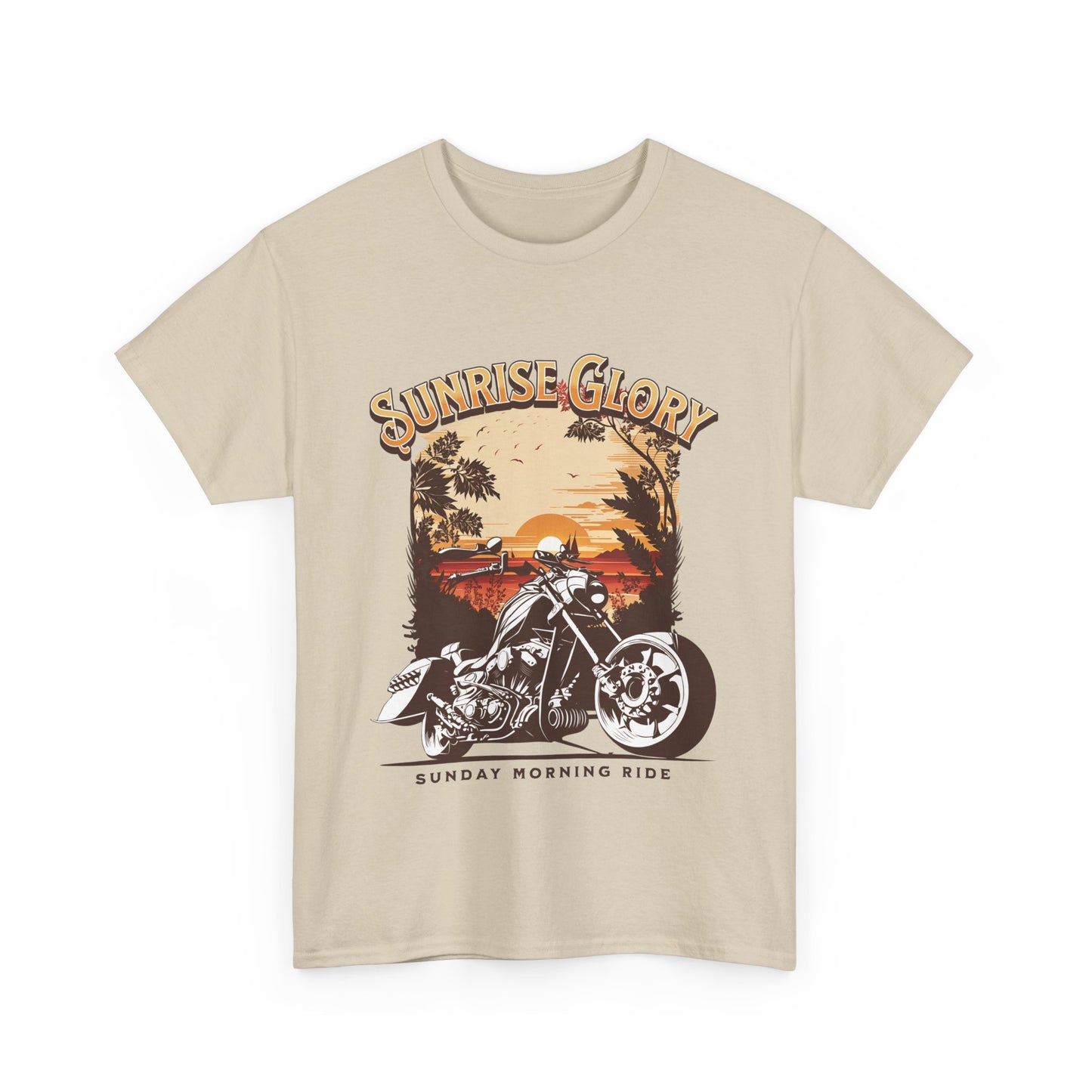 A sand t-shirt with a motorcycle graphic and 'Sunrise Glory' text.