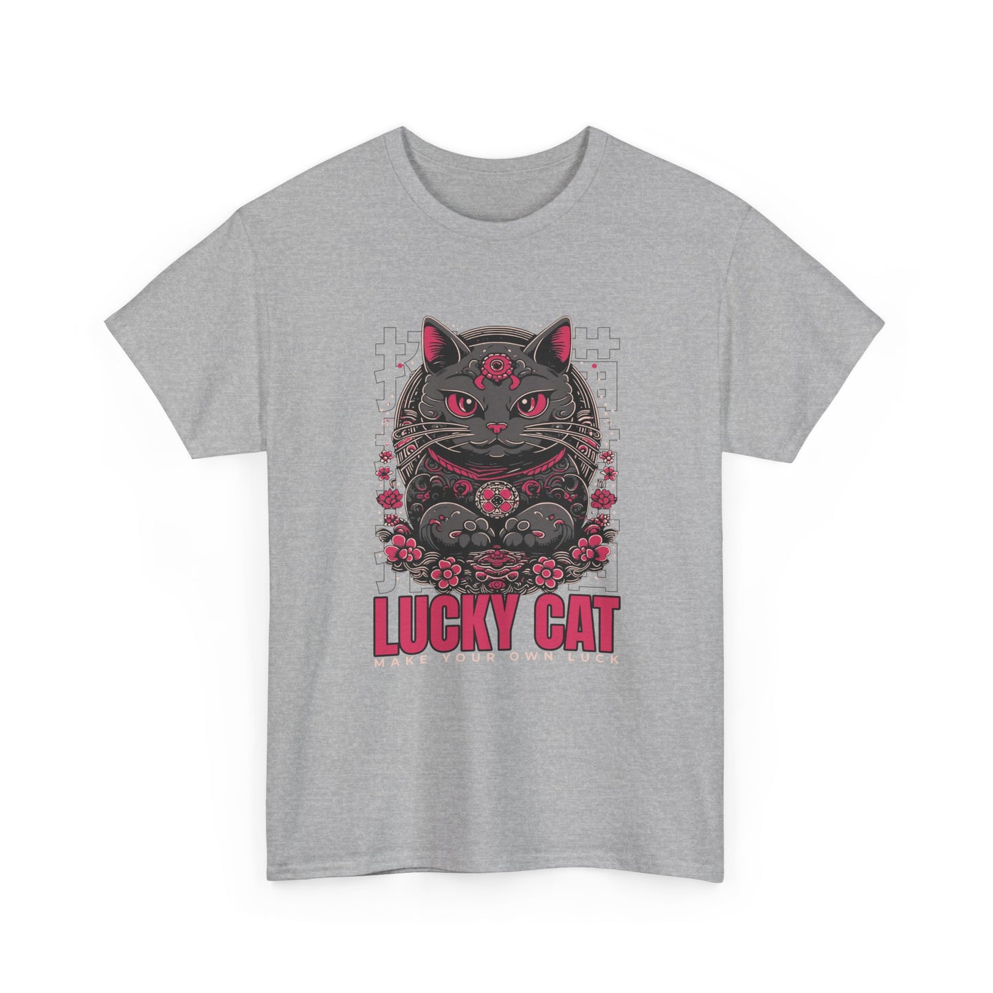 A sport grey t-shirt with a Japanese Meneki-neko cat graphic and the text 'Lucky Cat' on a white background.