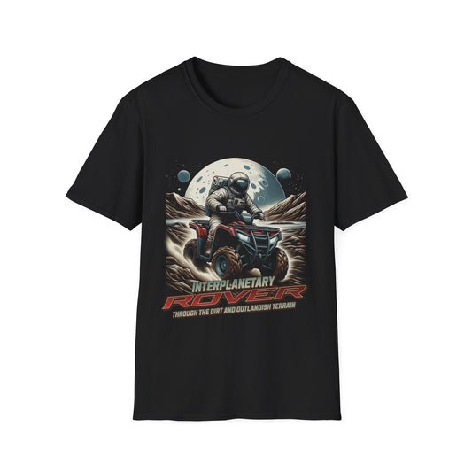 Black Gildan 64000 t-shirt with an astronaut riding a rover on  Mars.