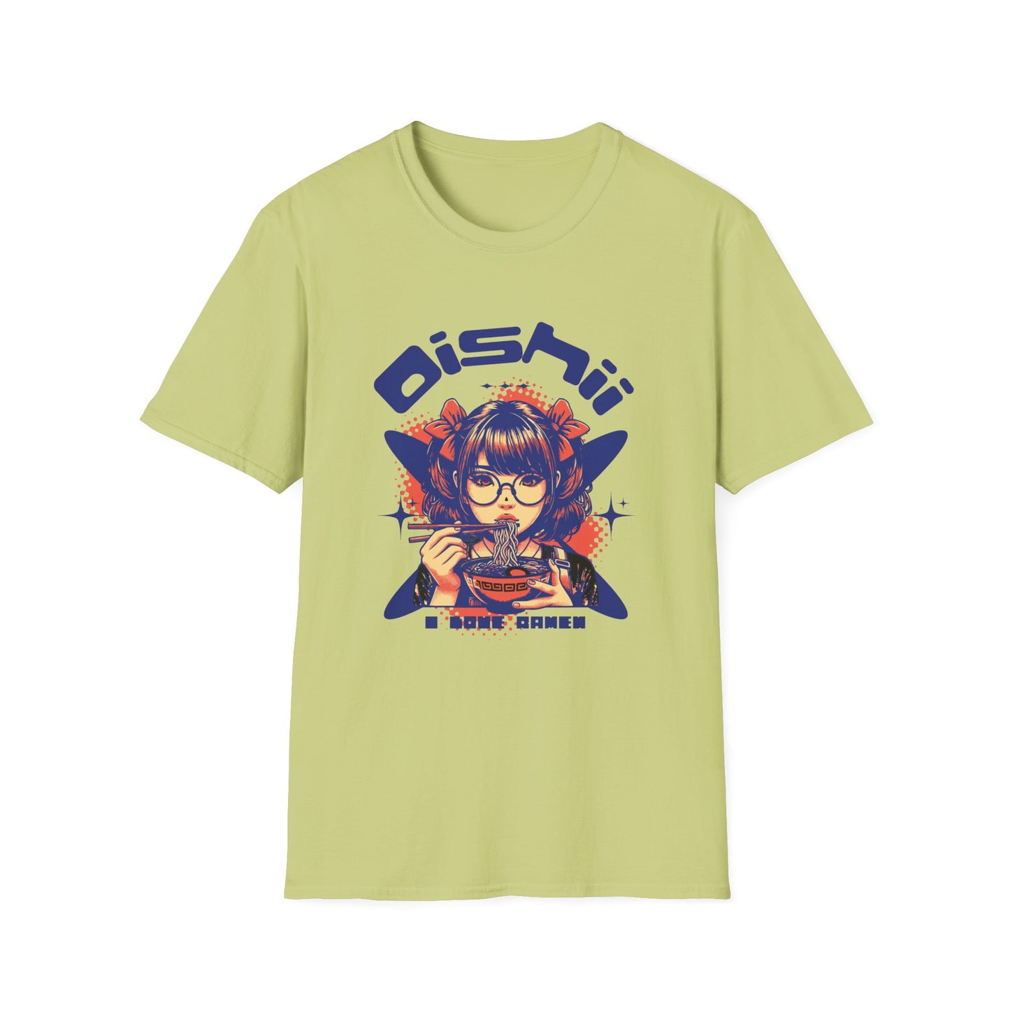 Light green t-shirt with a graphic design of a person eating ramen and the text 'Oishii' on a white background.