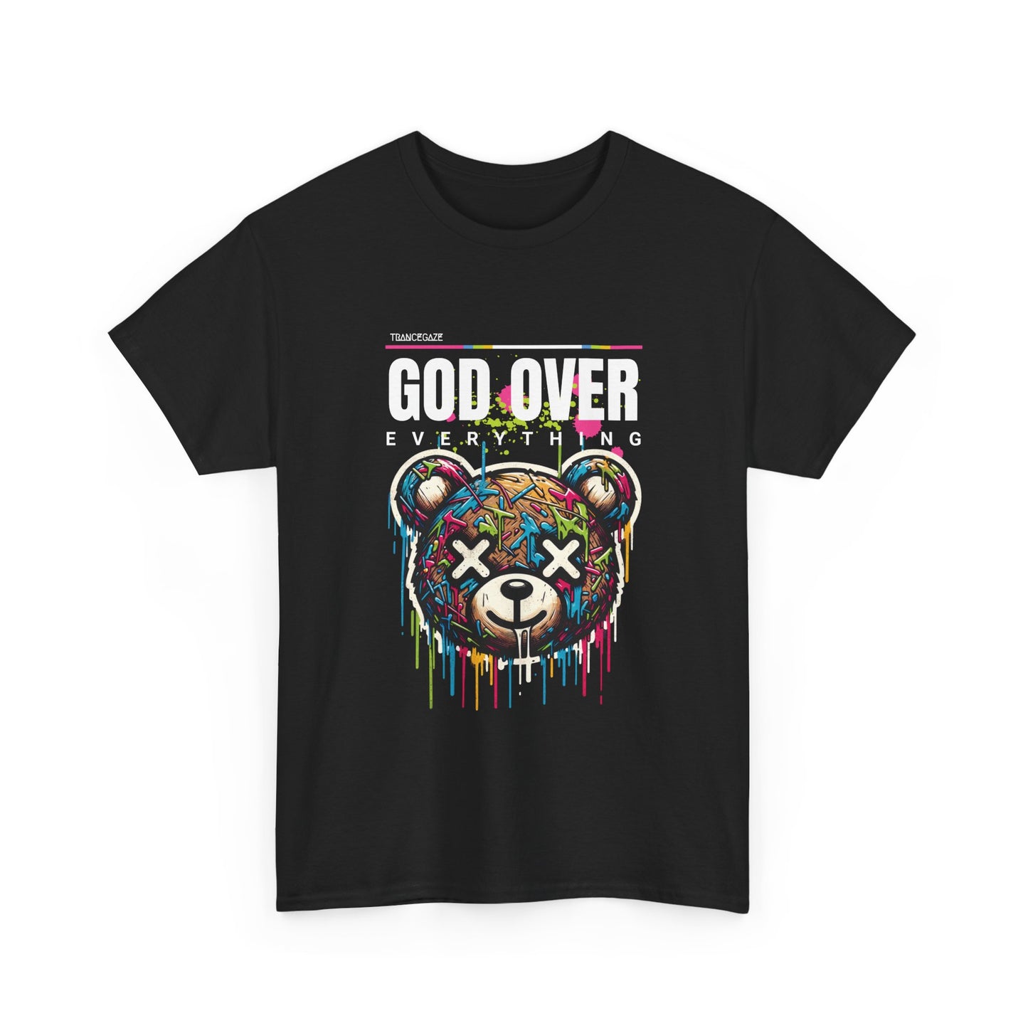 A black t-shirt with a colorful graphic of a bear and the text 'GOD OVER EVERYTHING' on the front.