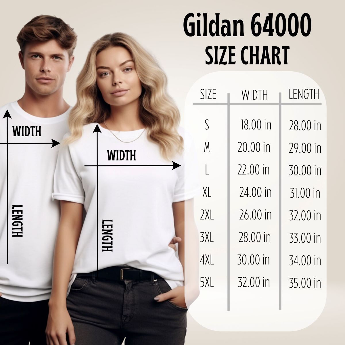 Gildan 64000 size chart with a man and woman wearing white t-shirts.