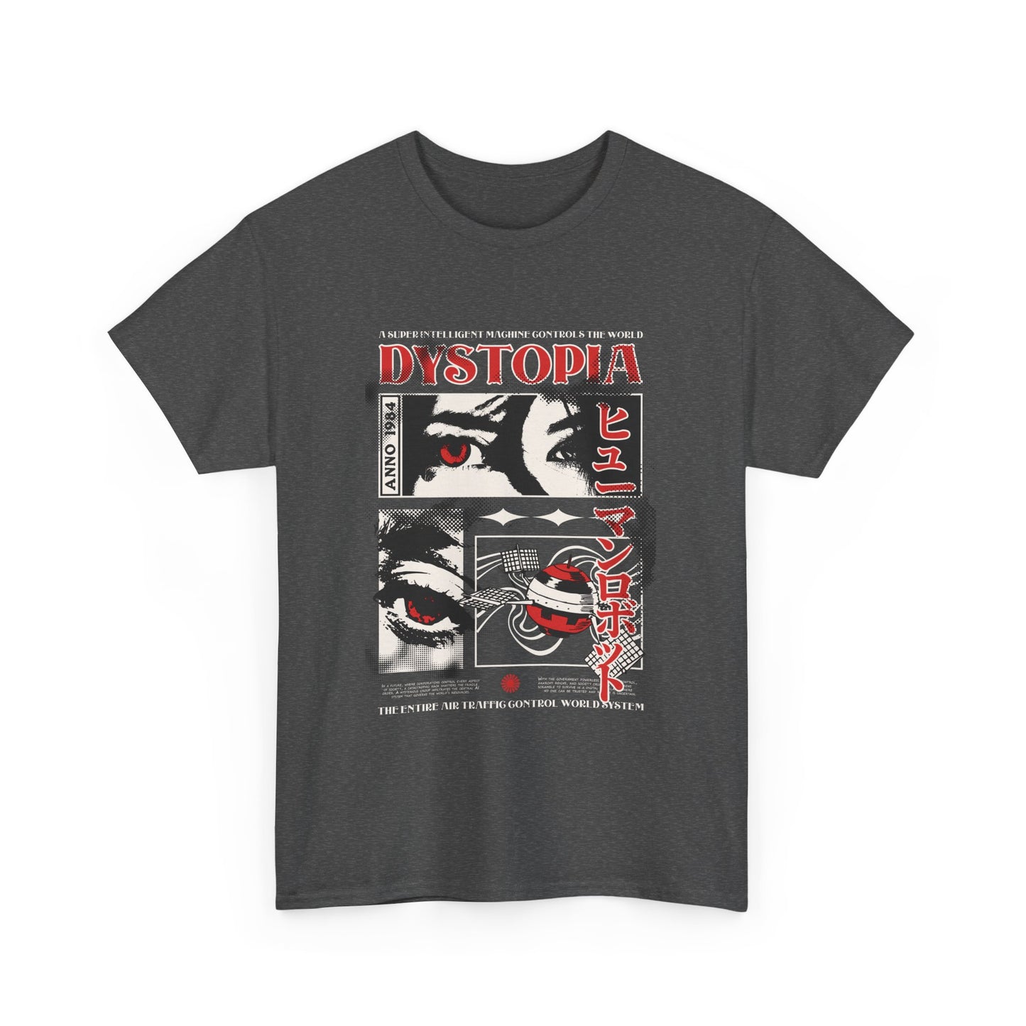 Heather gray t shirt with graphic text "Dystopia" and Japanese writing.