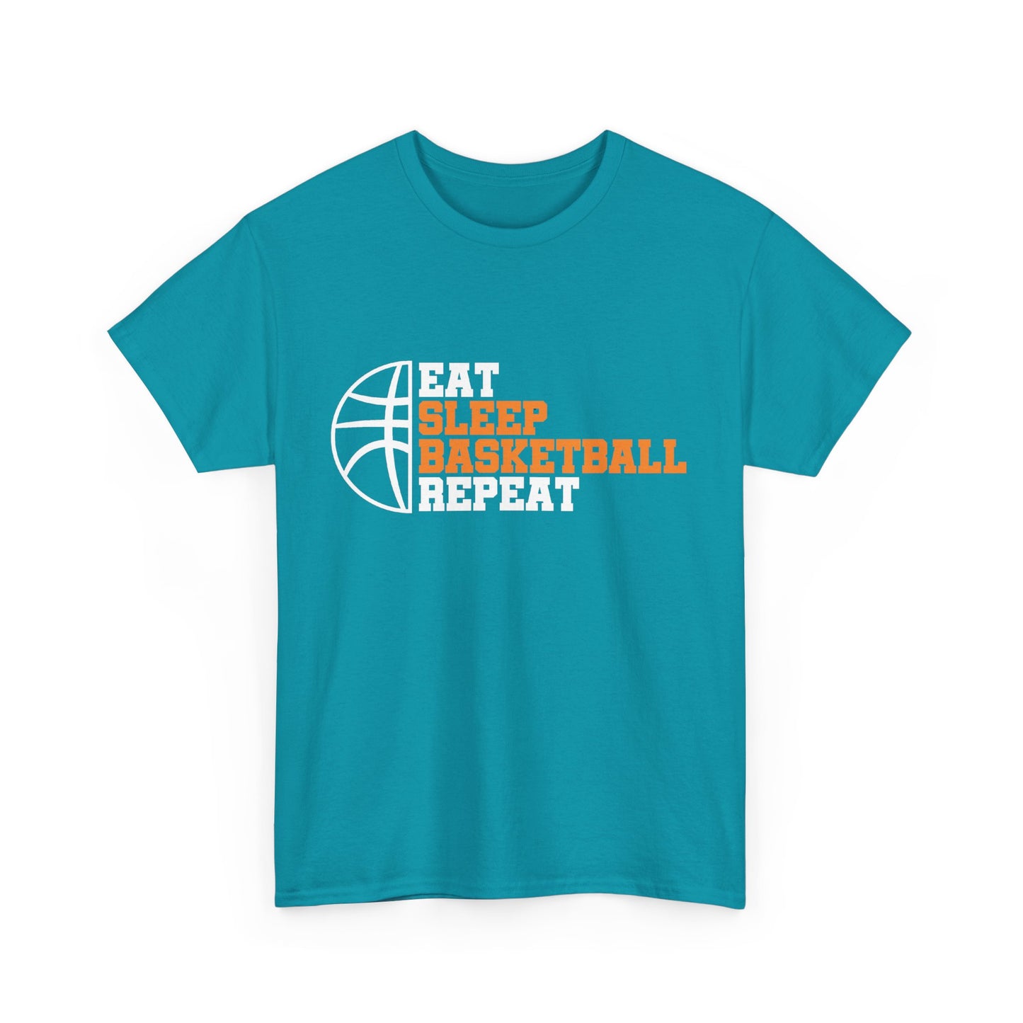 Person wearing a aqua t-shirt with 'Eat Sleep Basketball Repeat' text and graphic .